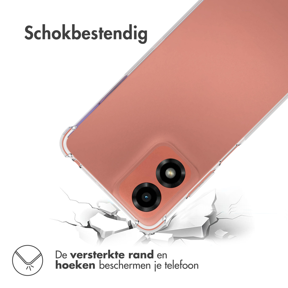 Coque de téléphone rose sur surface blanche fissurée, caméra du téléphone visible.