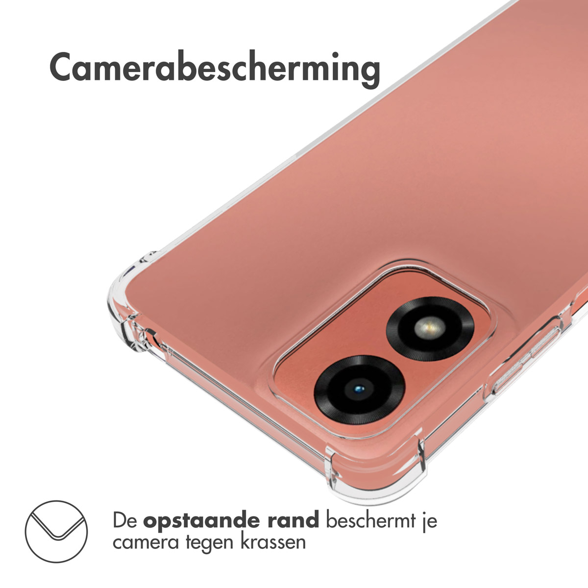 Gros plan d'une coque de téléphone avec coque transparente. Texte : 'Protection de l'appareil photo'.