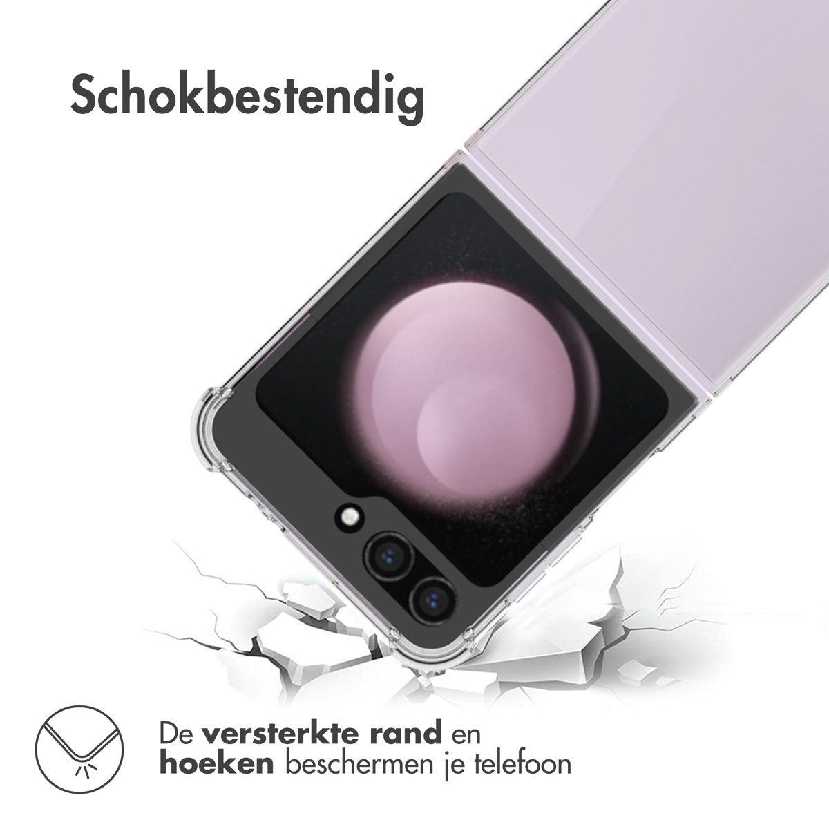 Coque de téléphone transparente sur une surface fissurée. Le téléphone se plie. Texte : résistant aux chocs.