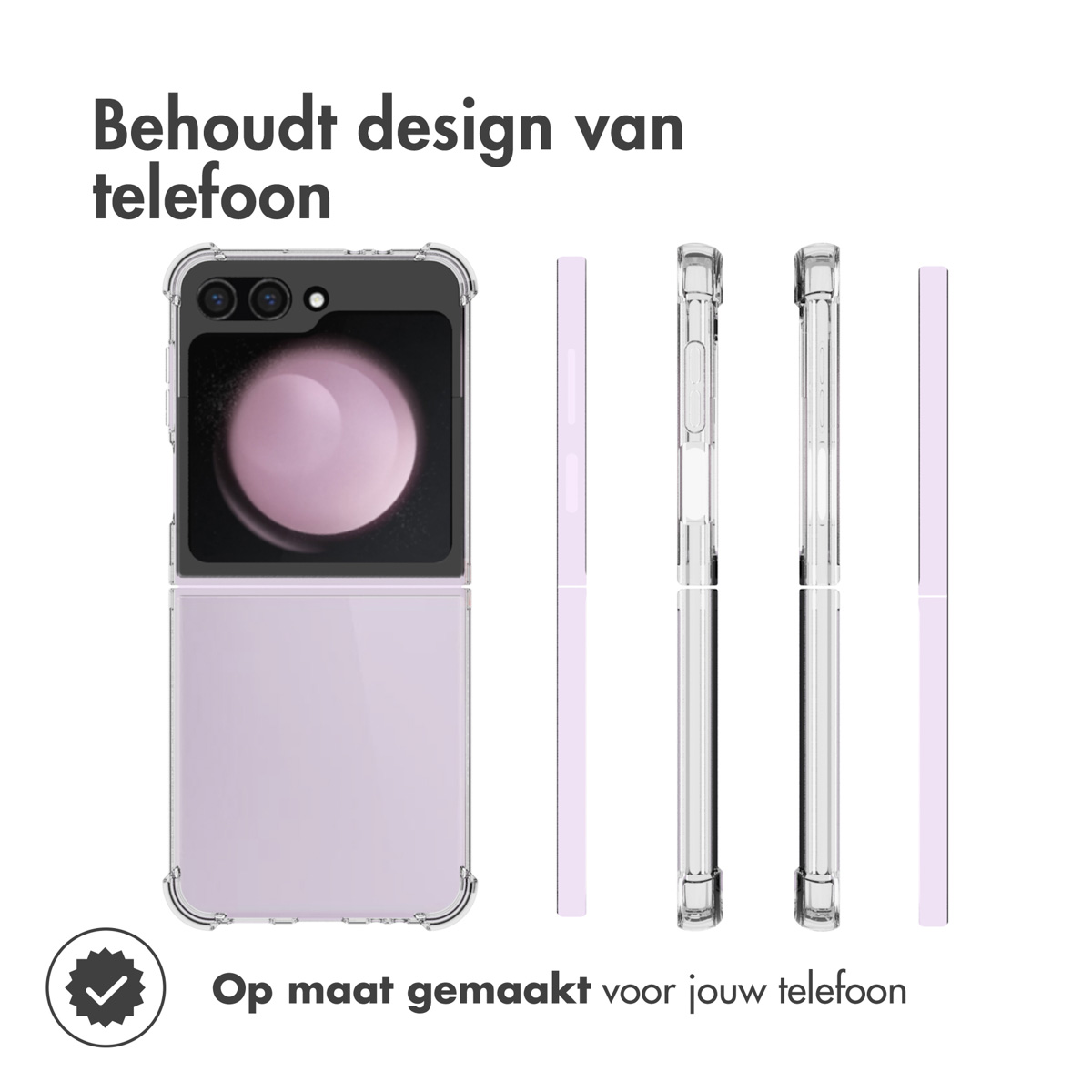 Un téléphone dans une coque violet clair, avec des pièces de coque transparente supplémentaires à côté.