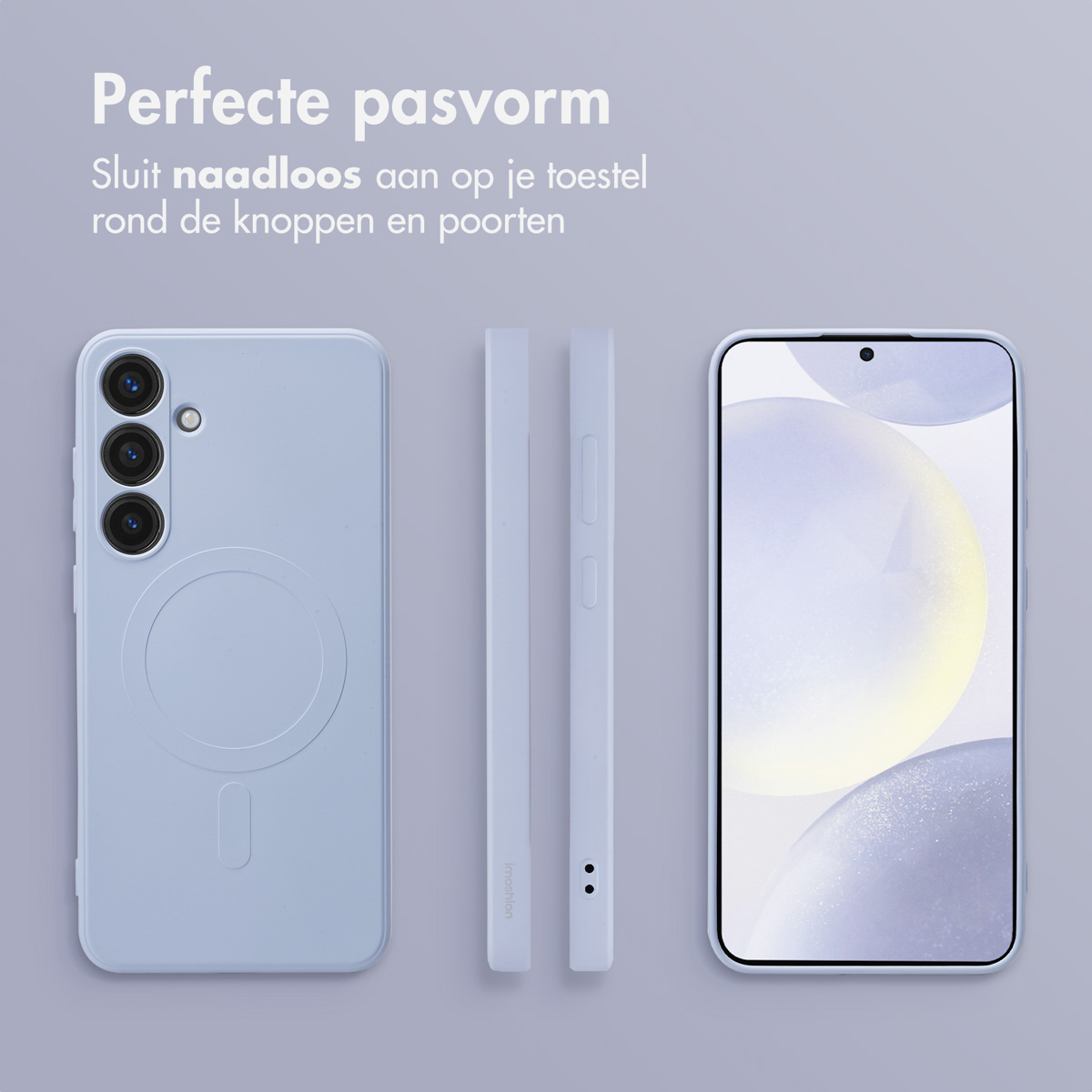 Een lichtblauwe telefoonhoes met een telefoon en zijaanzichten, tegen een grijze achtergrond.