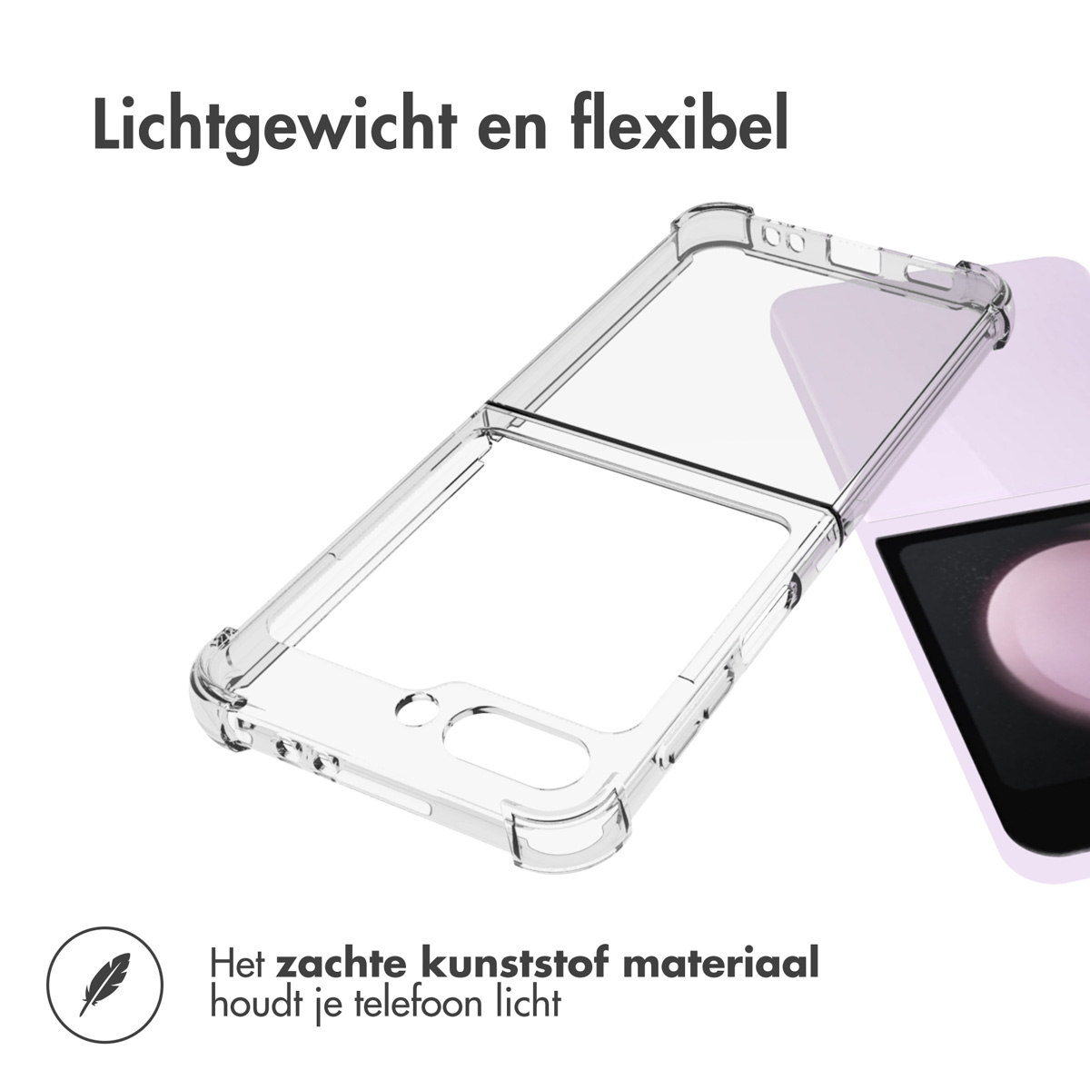 Coque de téléphone transparente ouverte, avec un téléphone à l'intérieur. Le fond est rose clair.