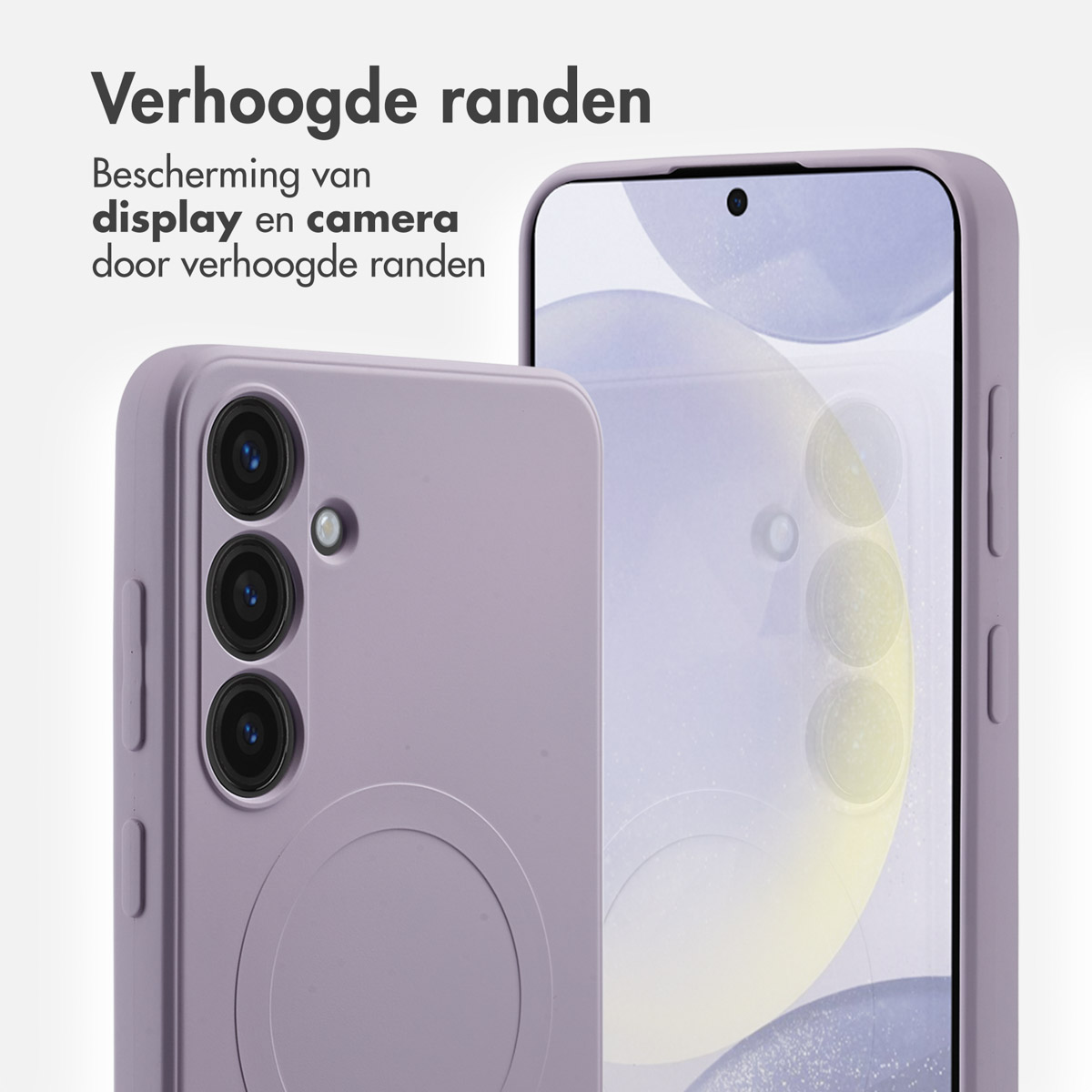 Twee paarse telefoonhoesjes. Eén toont de achterkant met camera's. De ander toont de voorkant met een scherm. Tekst: 'Verhoogde randen'.