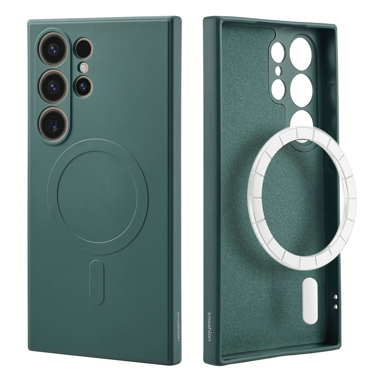 Coque de téléphone verte avec anneau MagSafe et multiples caméras arrière.