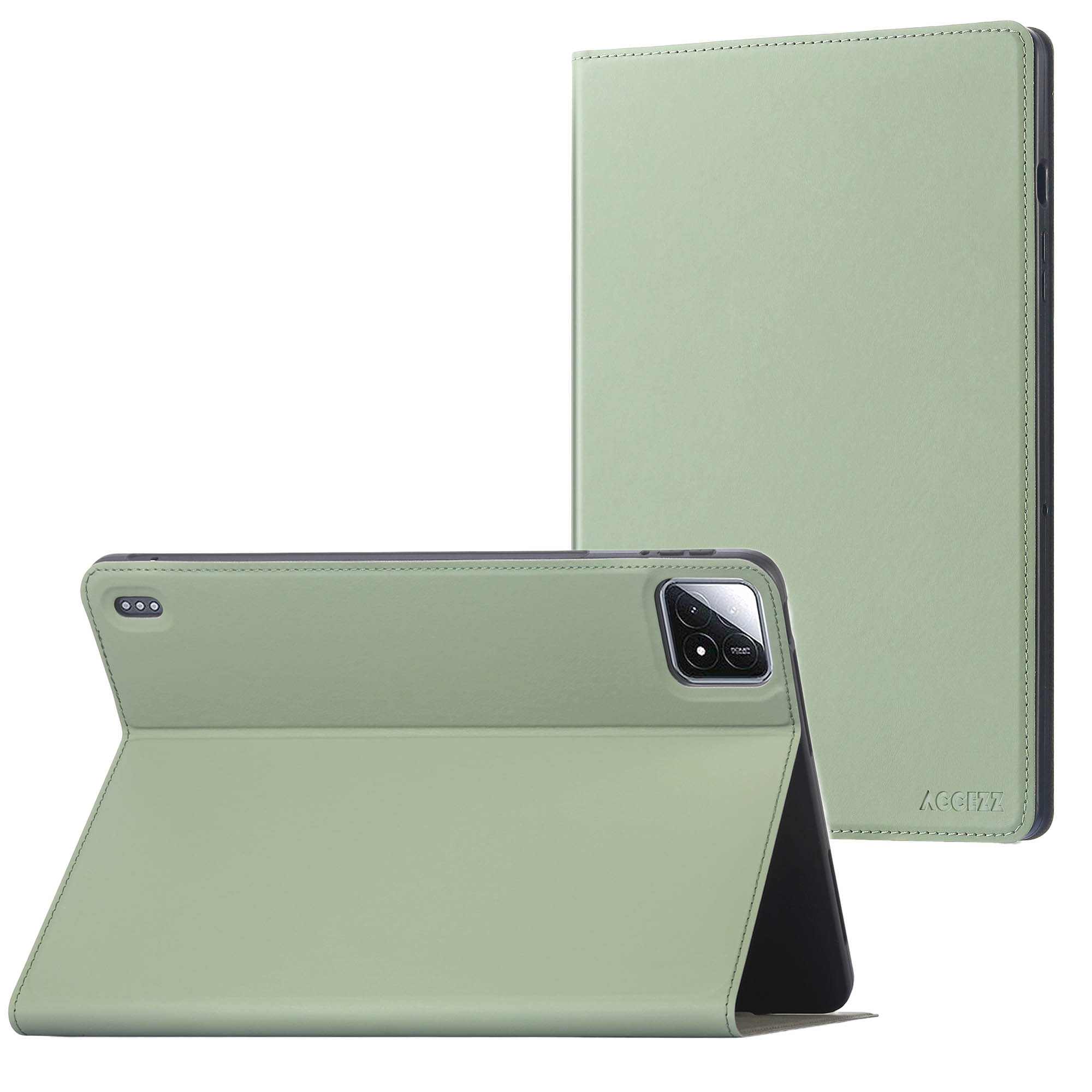 Lichtgroene tablethoes, gesloten en open. De open hoes ondersteunt de tablet. Op een witte achtergrond.