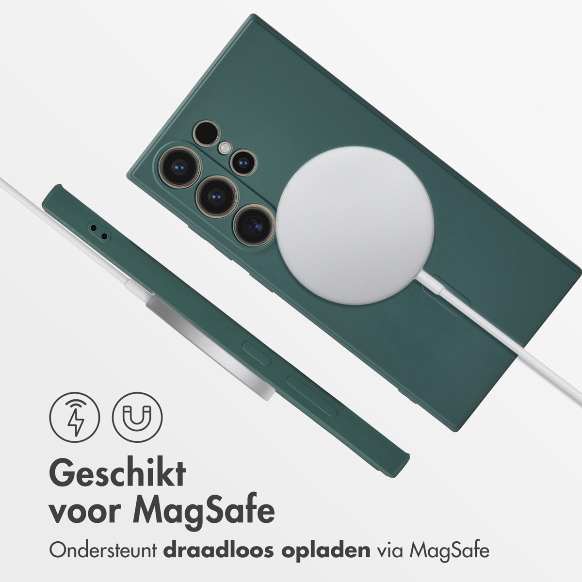 Un téléphone vert avec chargeur MagSafe et port de charge. Convient pour MagSafe.