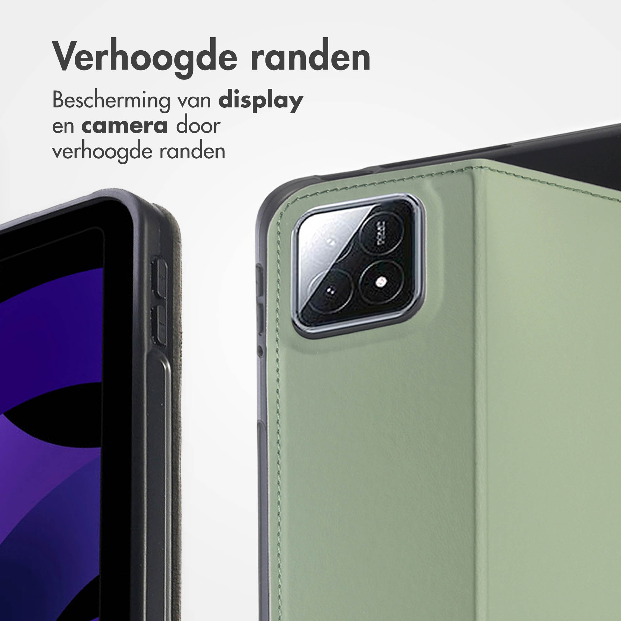 Een tablet hoesje met een groene cover, die het scherm en de camera beschermt. Zijaanzicht.