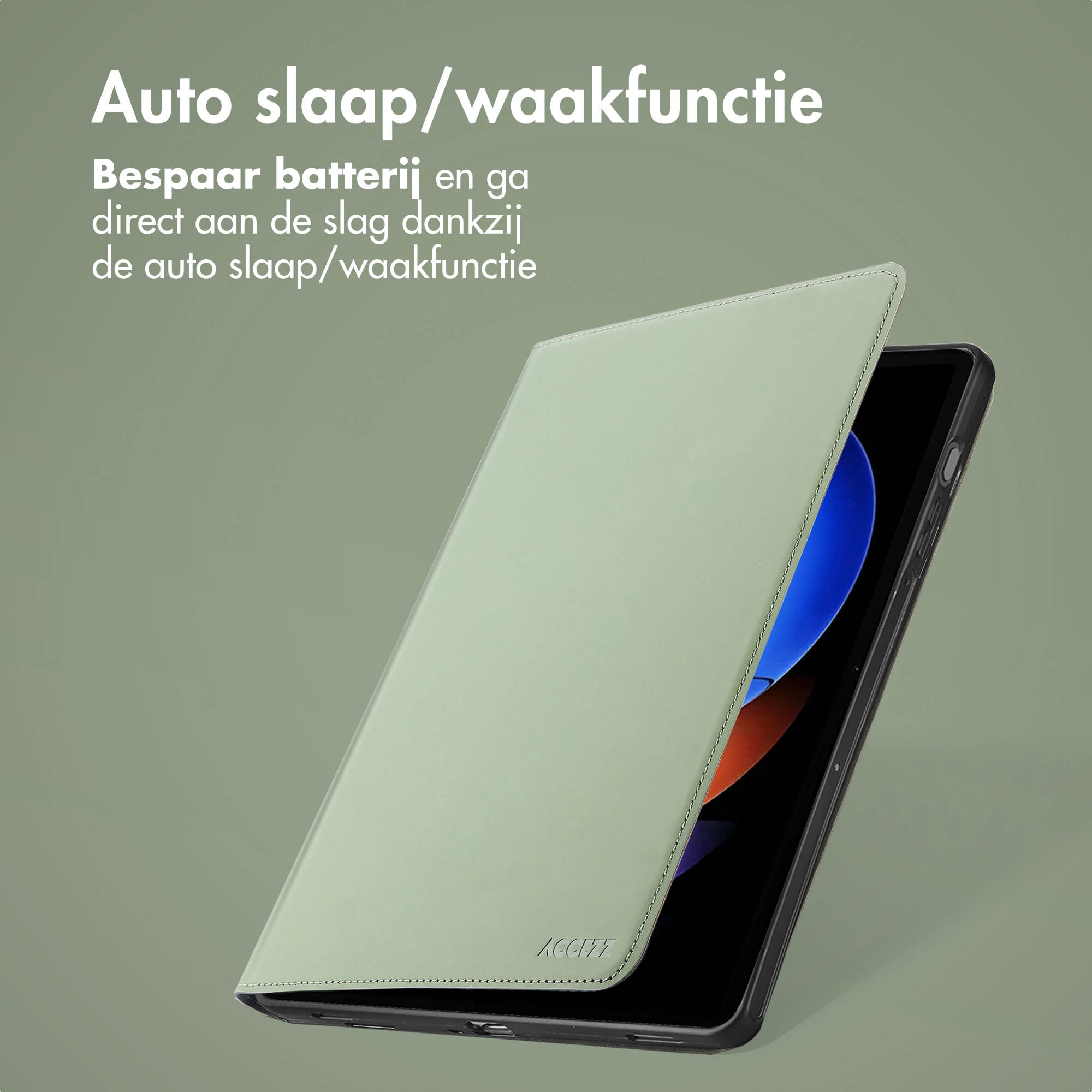 Een groene hoes opent en toont een tablet. Tekst: 'Auto slaap/waakfunctie'.