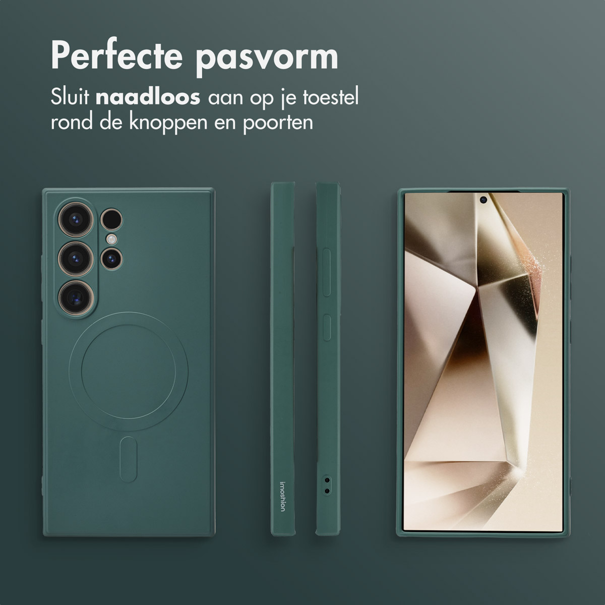Une coque de téléphone verte avec un cercle. La coque est sur fond blanc.