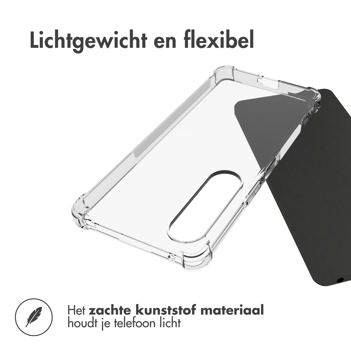 Custodia trasparente, primo piano, con telefono nero parzialmente visibile.