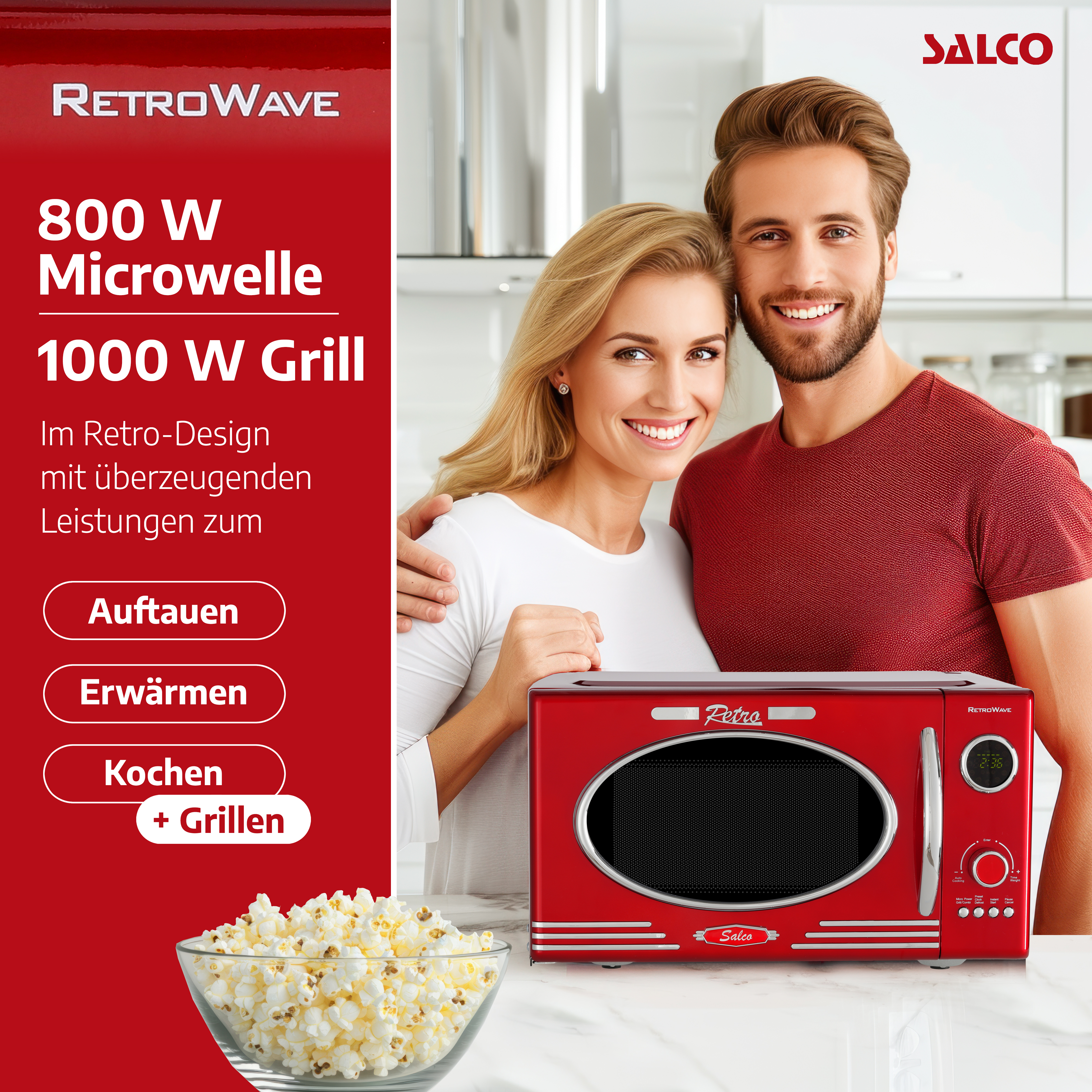 Eine rote Mikrowelle mit einem Paar, einer Schüssel Popcorn und Text im Bild.