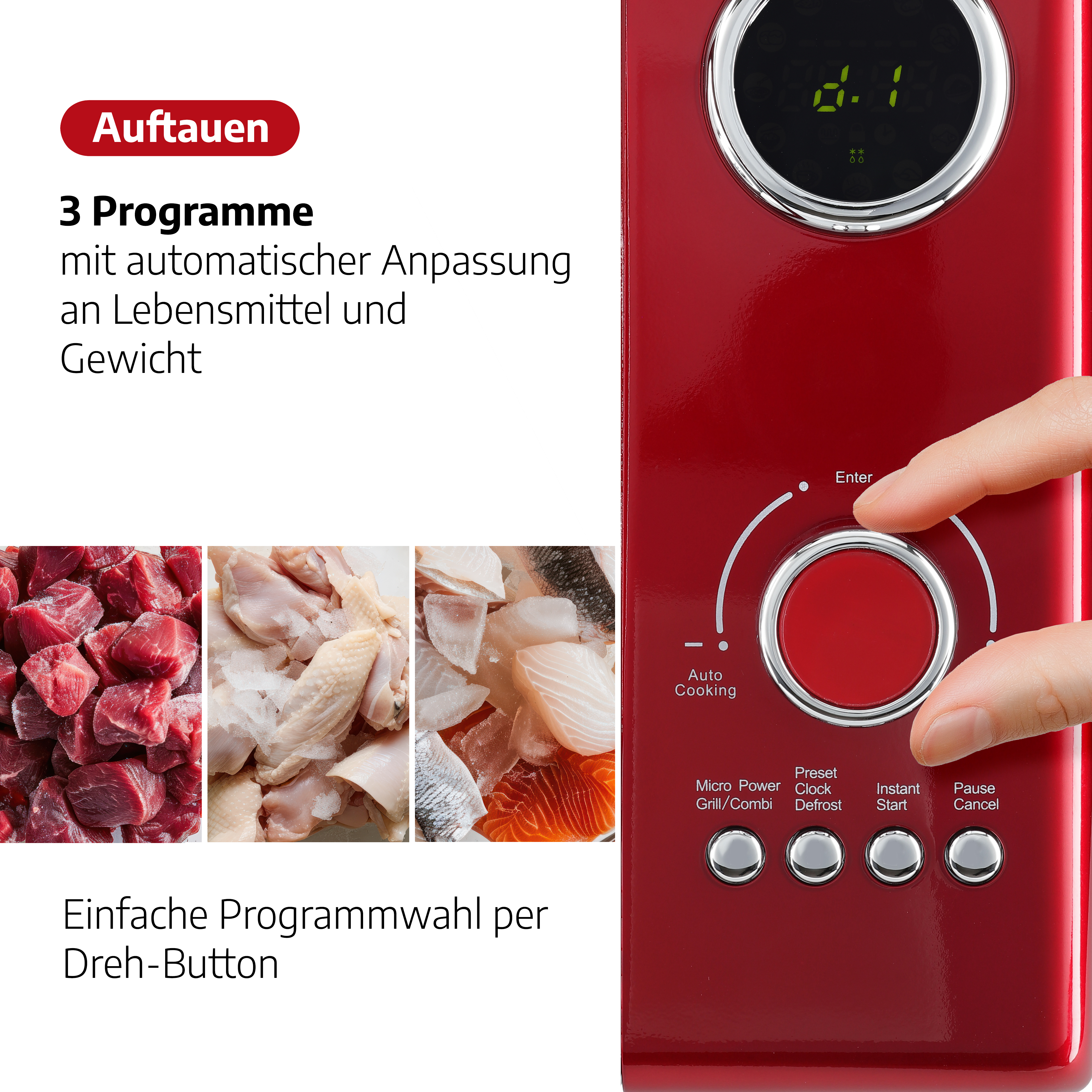 Roter Mikrowelle mit Hand am Drehregler. Drei Lebensmittel: Fleisch, Huhn und Fisch. Text über Programme.