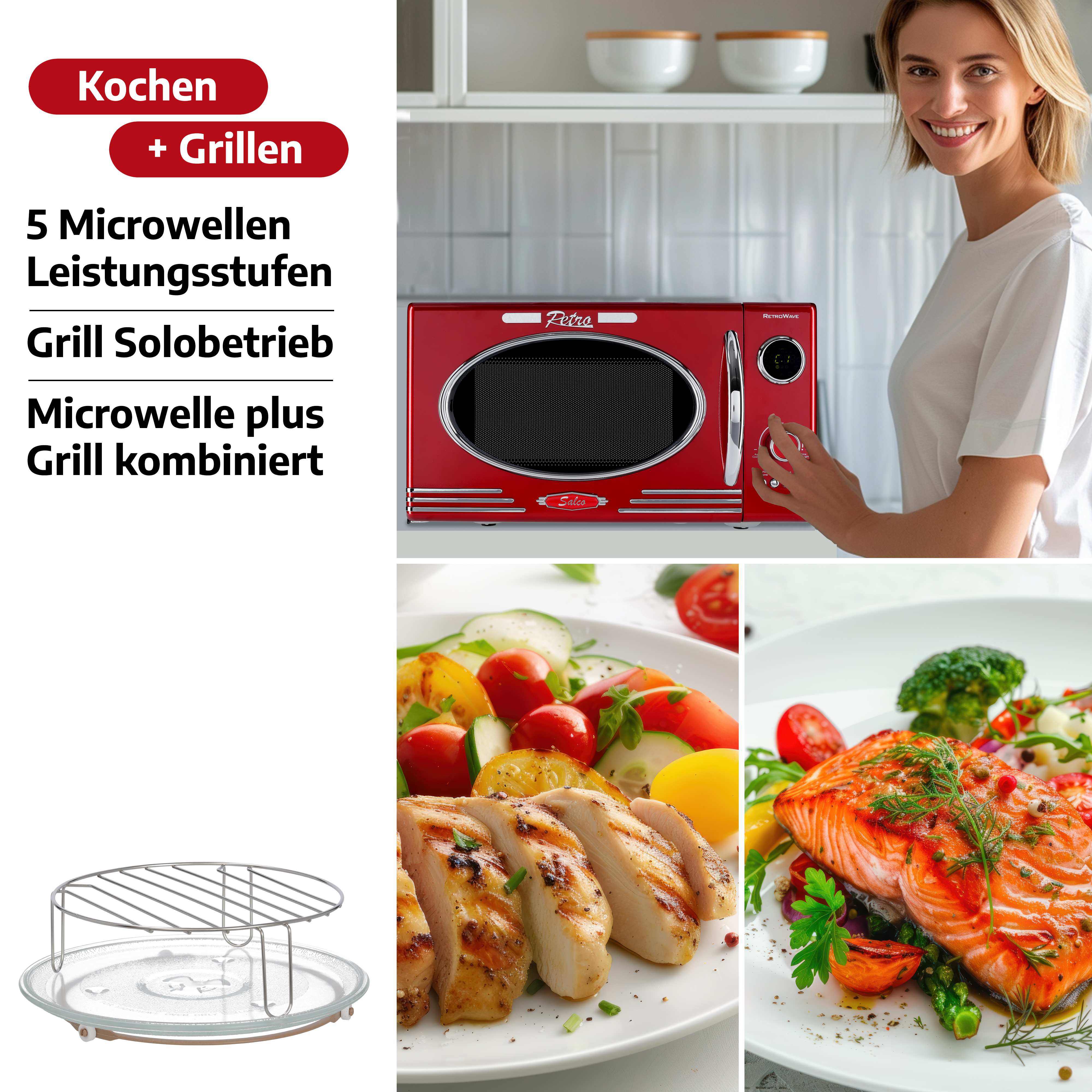 Eine rote Retro-Mikrowelle mit einer Frau. Geschirr und Essen werden mit einem Metallgestell angezeigt.