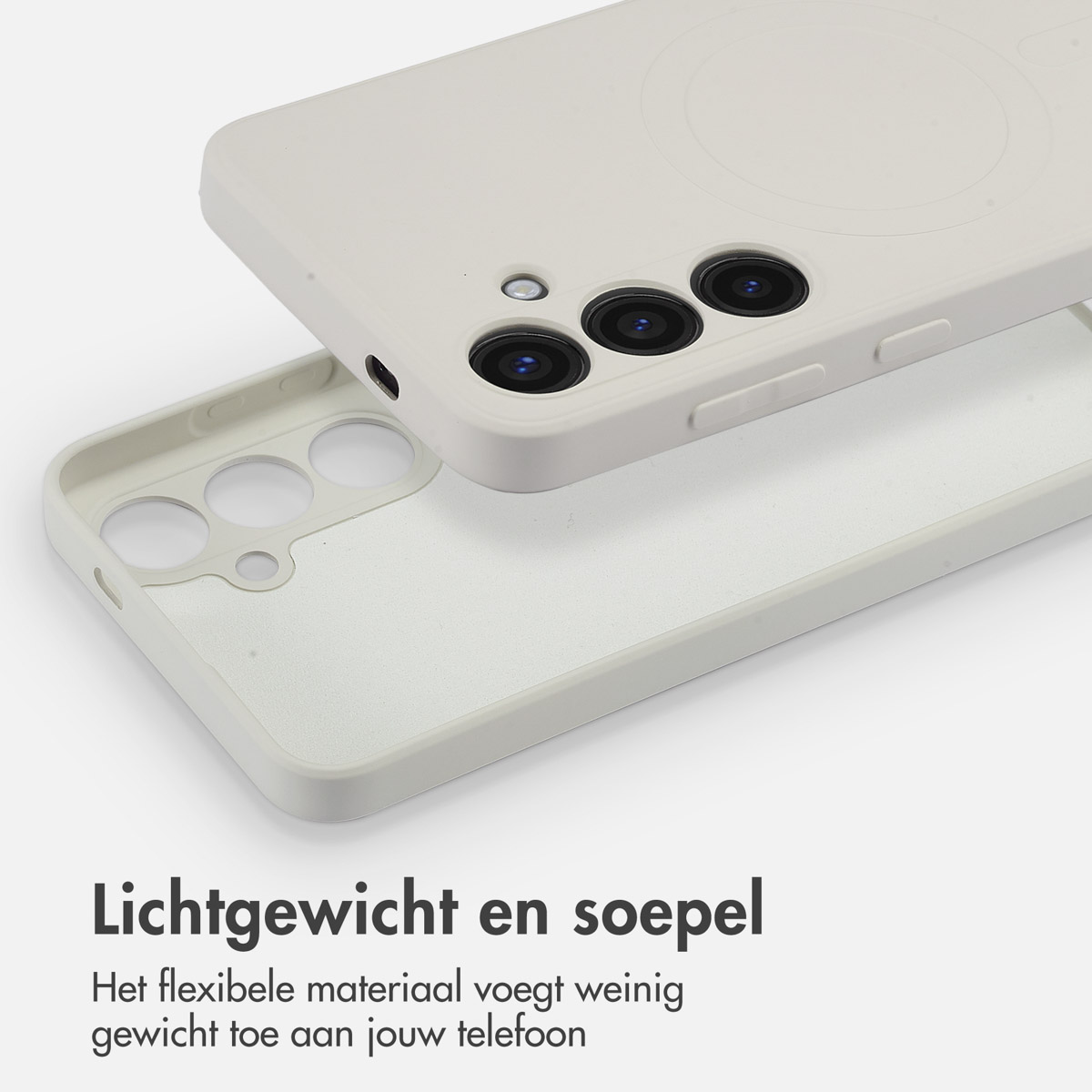 Twee telefoonhoesjes, één wit. De bovenste hoes is open en de onderste zit er iets in. De camera is zichtbaar.