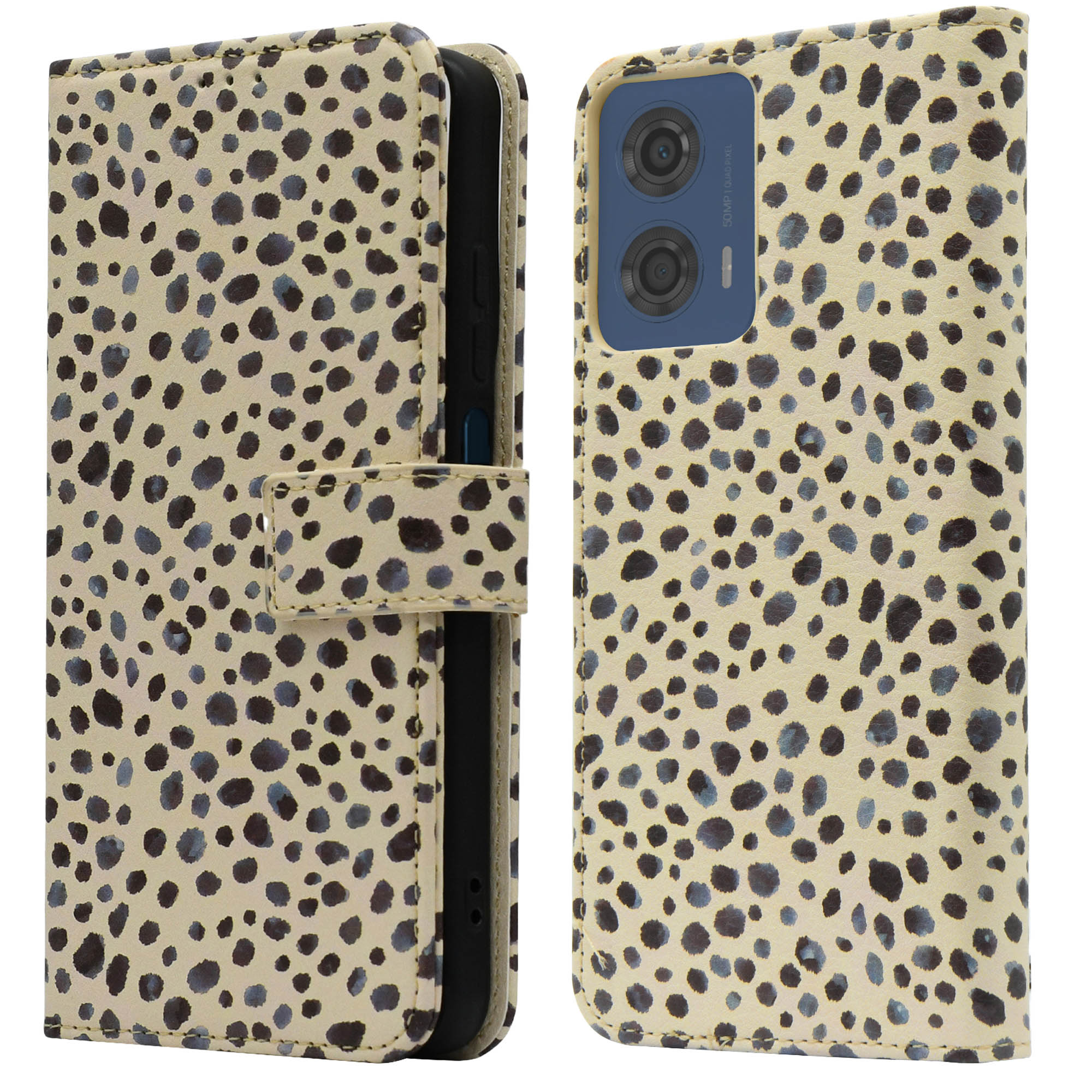 Étui de téléphone crème avec des taches bleu foncé. L'étui est ouvert avec un téléphone à l'intérieur.
