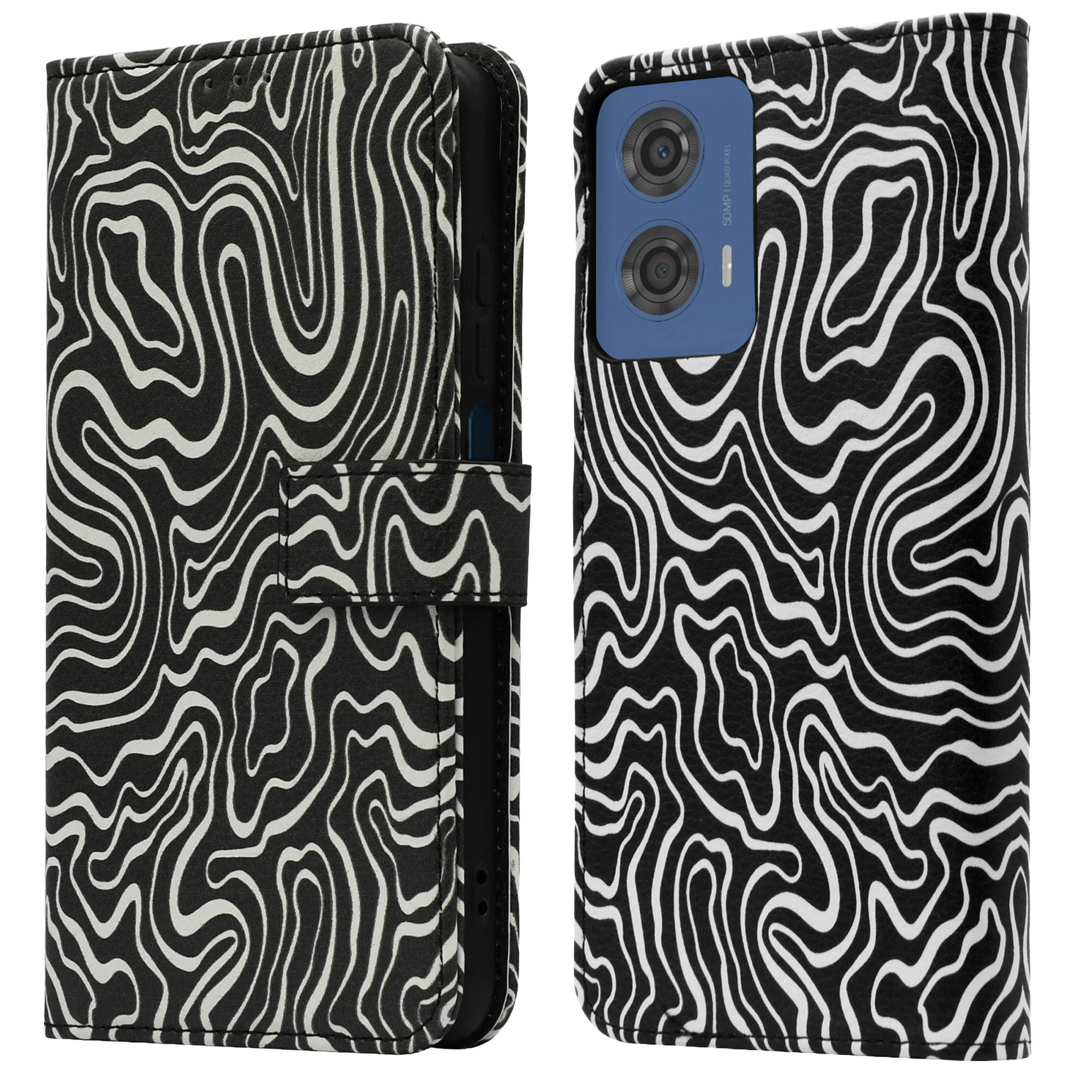 Zwart-witte wervelende telefoonhoes, open, telefoon tonend. Het patroon is abstract.