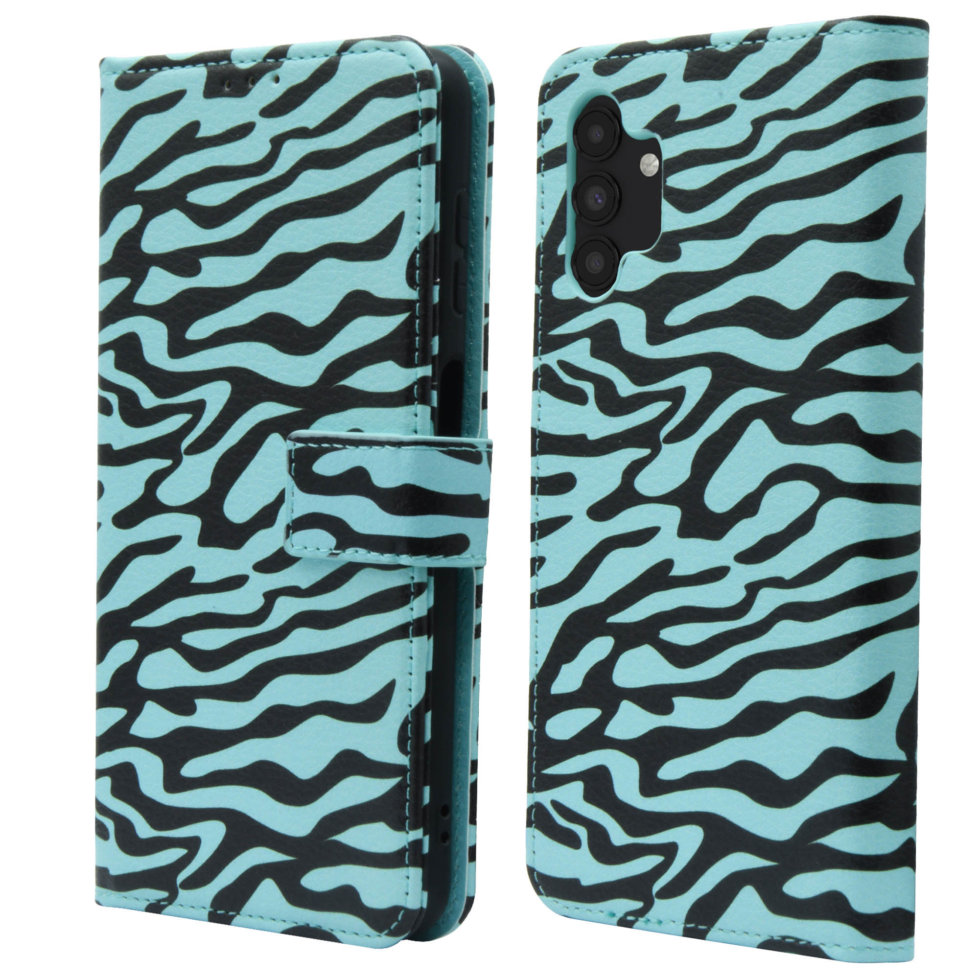 Un téléphone dans un étui portefeuille à imprimé zébré bleu et noir. Le téléphone est visible à droite.