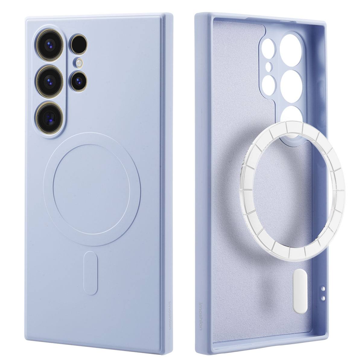 Twee lichtblauwe telefoonhoesjes, een in de ander, met een wit cirkelvormig element.