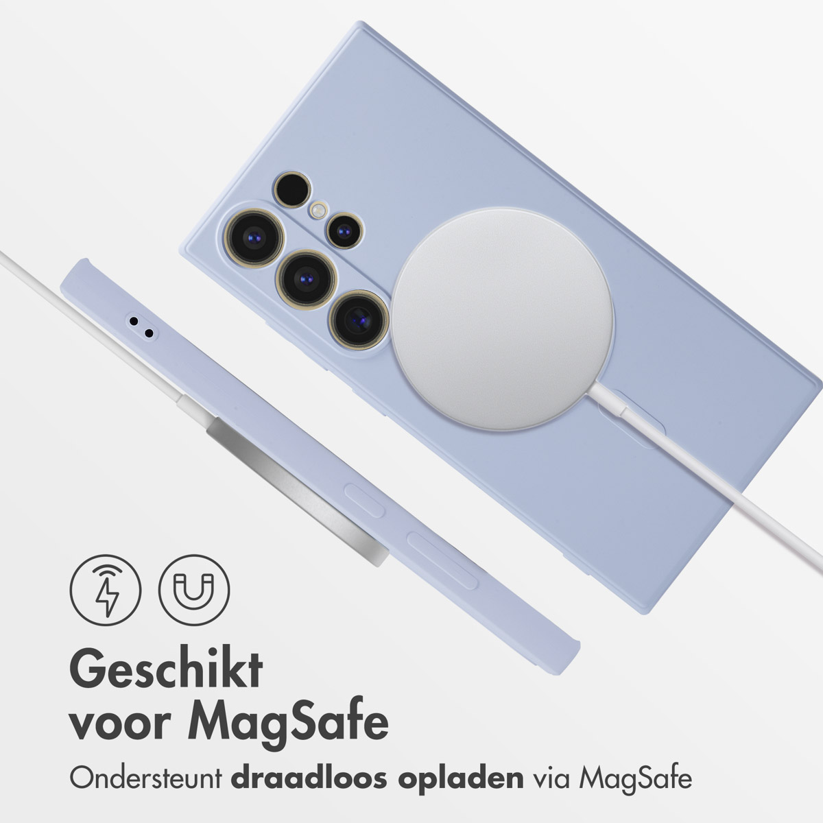 Een paars telefoonhoesje met MagSafe-oplader en Nederlandse tekst.