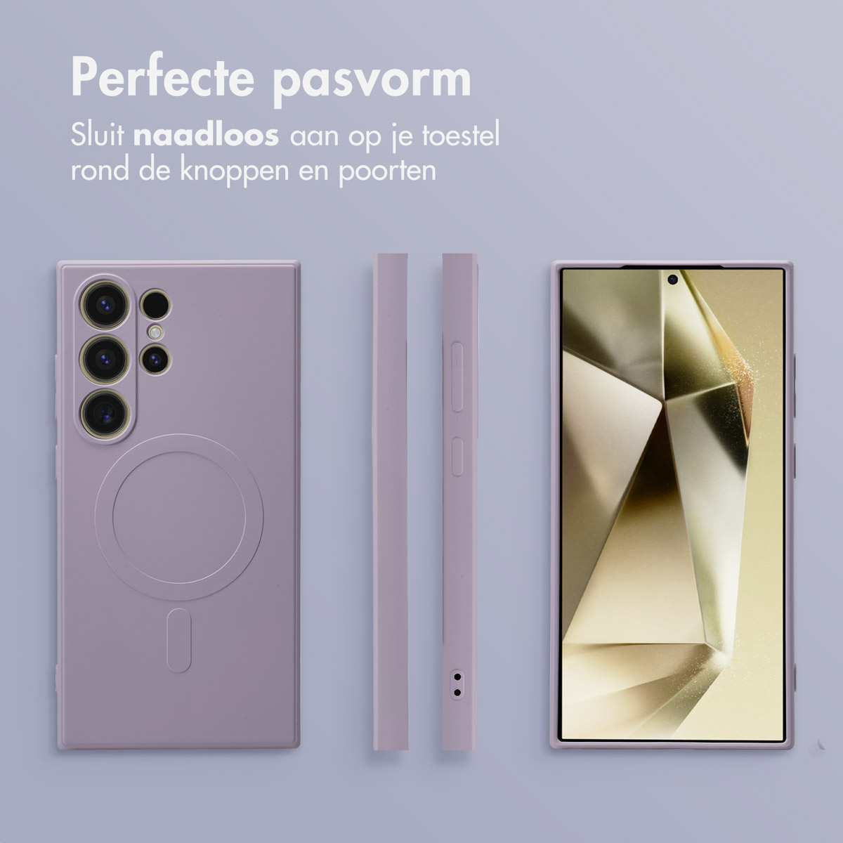 Drie telefoonhoesjes in lila. Tekst: 'Perfecte pasvorm'. Eén hoes toont het telefoonscherm.