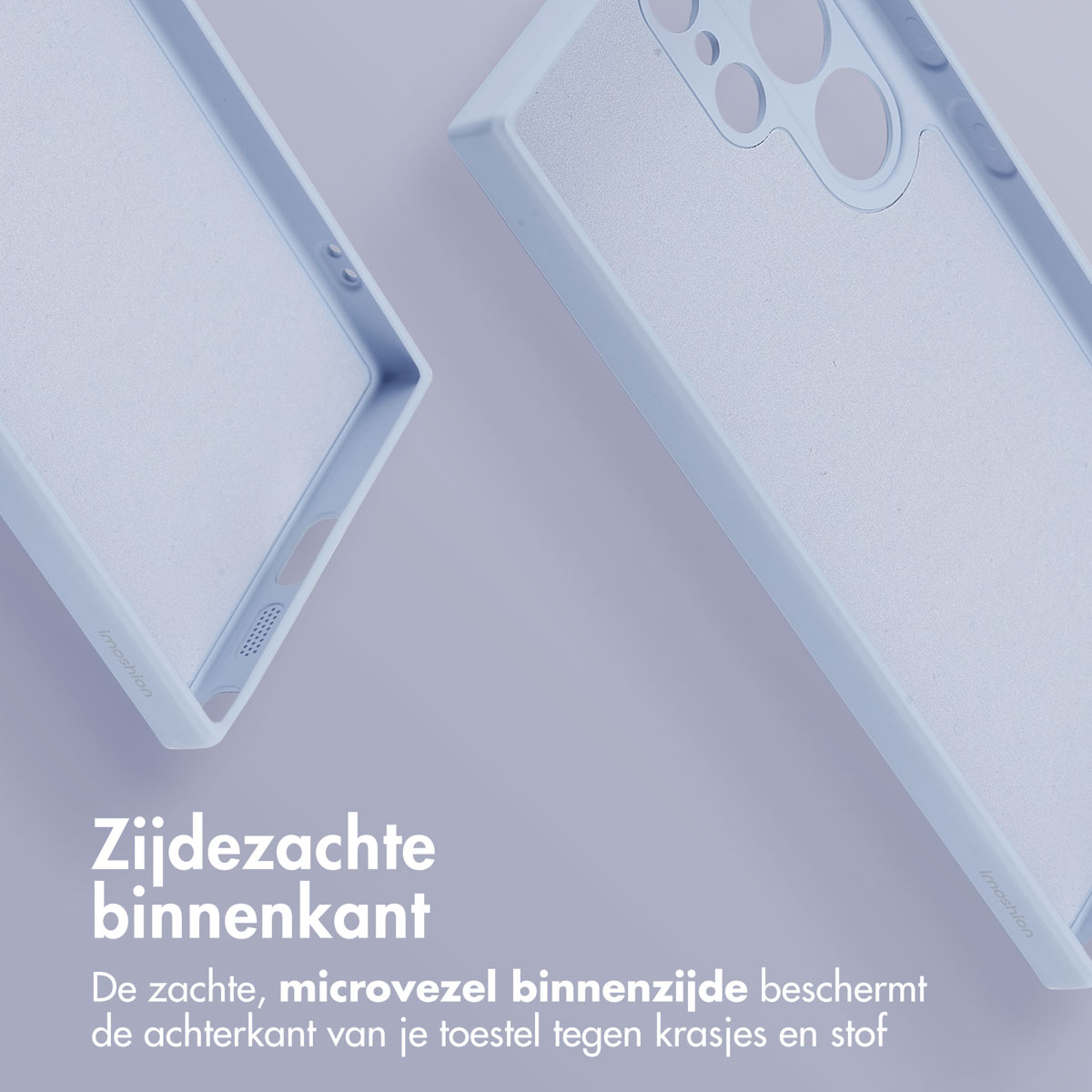 Twee lichtblauwe telefoonhoesjes op een paarse achtergrond. Eén is open, met zachte microvezel. De andere is gesloten.
