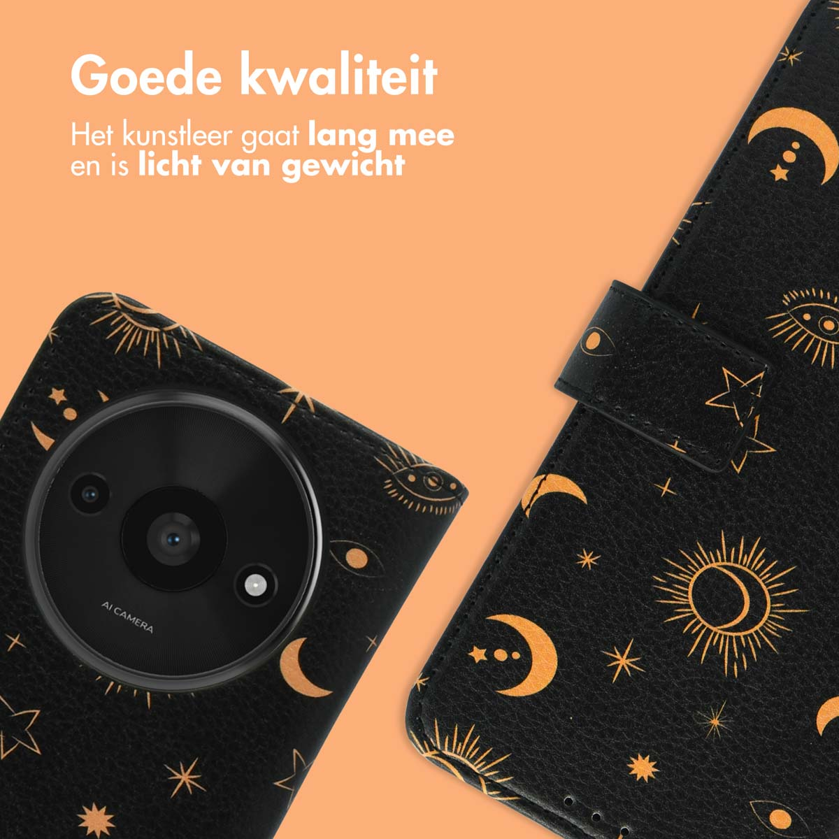 Zwarte telefoonhoes met zon- en maansymbolen, met tekst. Close-up.