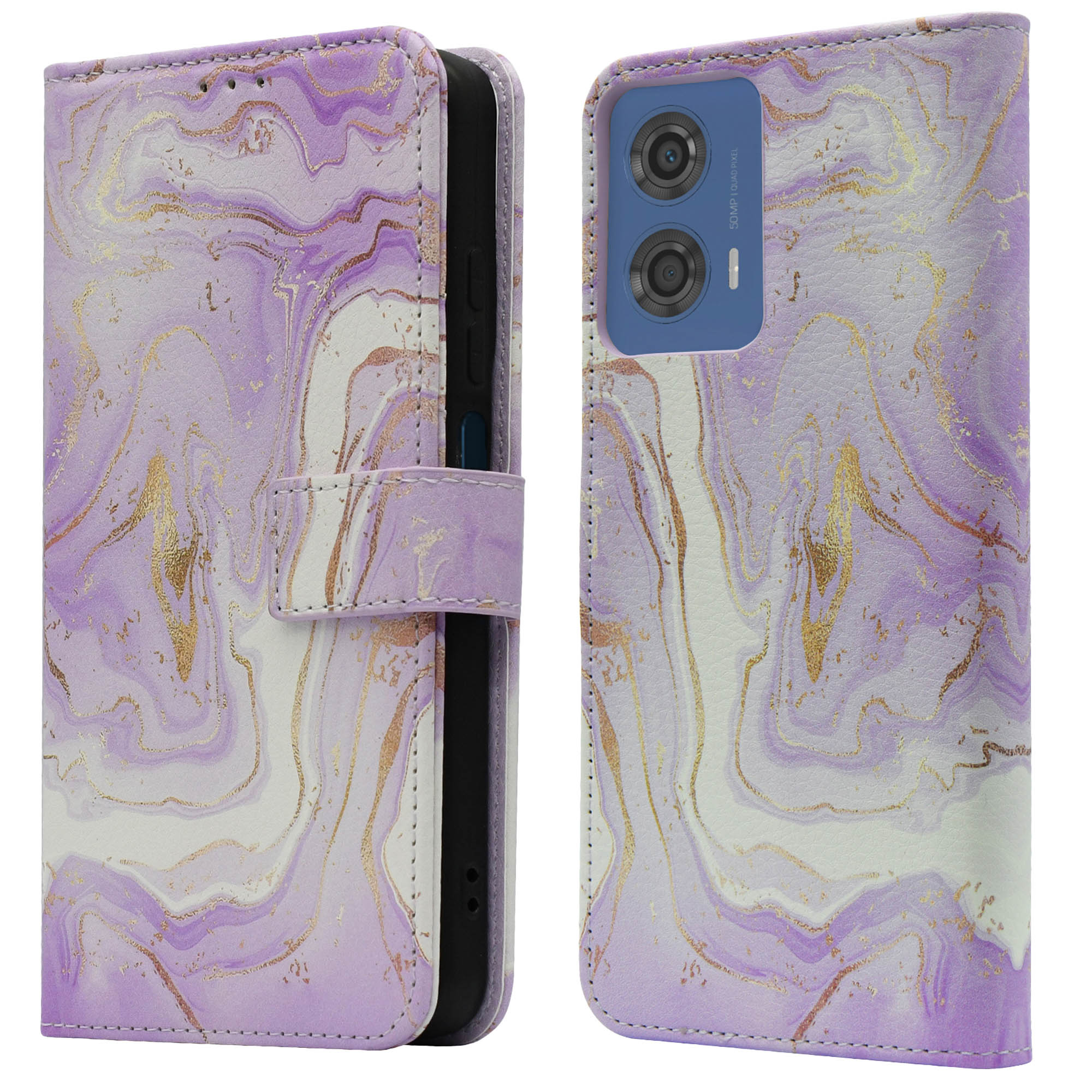 Een telefoonhoesje, open en dicht, met een marmerpatroon. De camera's van de telefoon zijn zichtbaar aan de open kant.