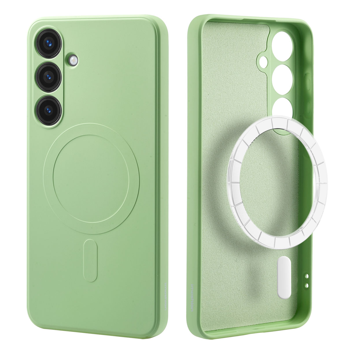 Groene telefoonhoes met een MagSafe-ring aan één kant, de binnenkant toont een witte ring.
