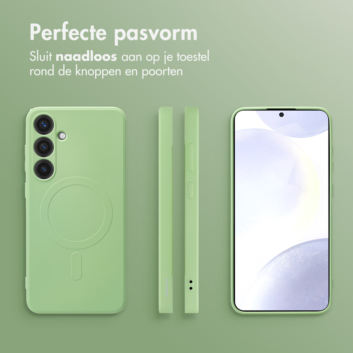 Groene telefoonhoes met telefoon erin, diverse weergaven. Tekst: 'Perfecte pasvorm'. Naadloos passend.