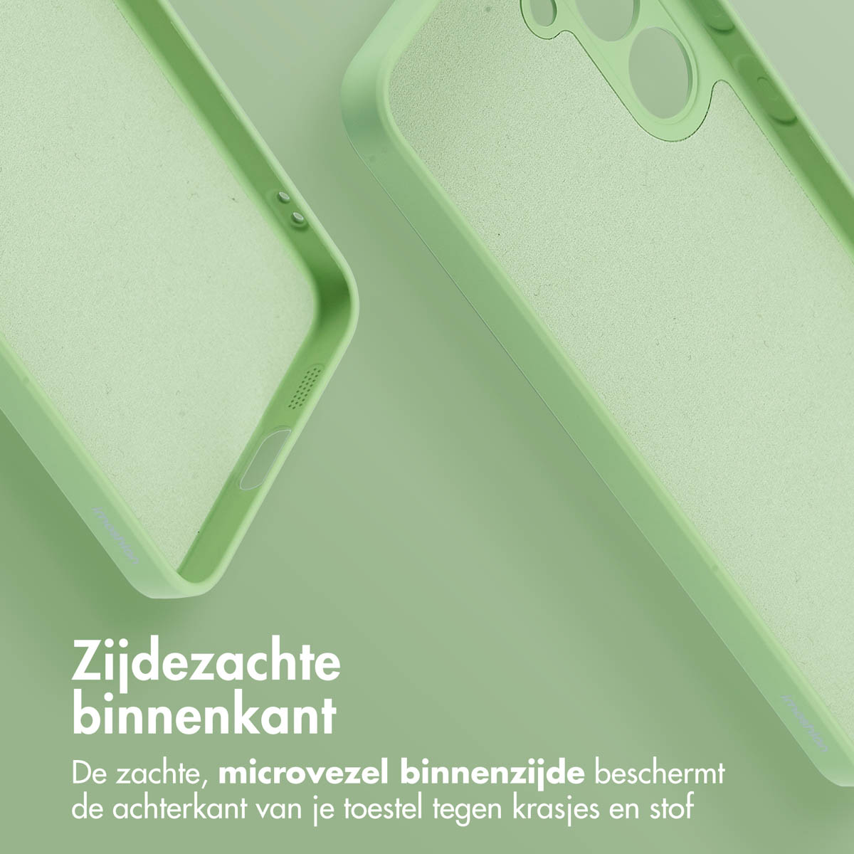 Twee groene telefoonhoesjes. Tekst: Zachte binnenkant beschermt tegen krassen.