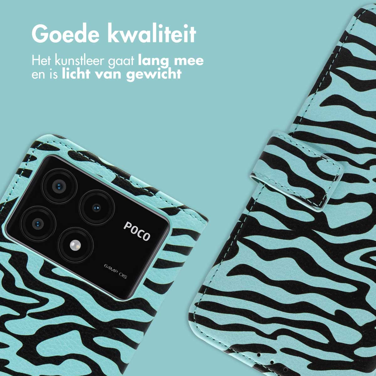 Een telefoonhoesje met een zebraprint, met een telefoon erin. Tekst: 'Goede kwaliteit'.