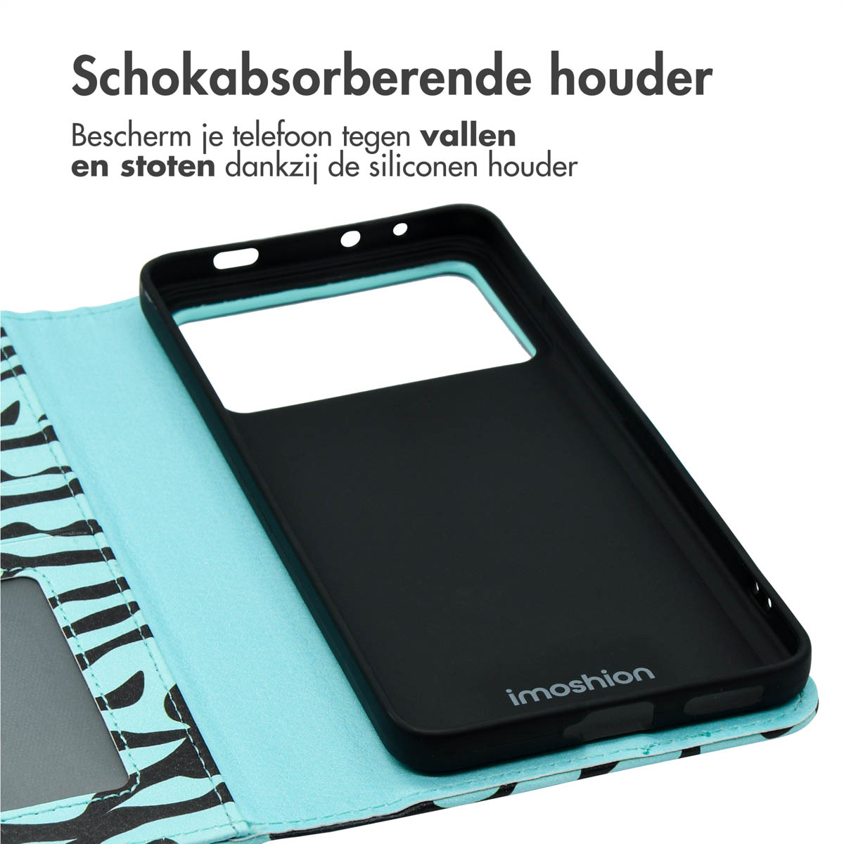 Telefoonhoes met zebrapatroon, open. Tekst: 'Schokabsorberende houder'. Zwarte telefoon in hoes.