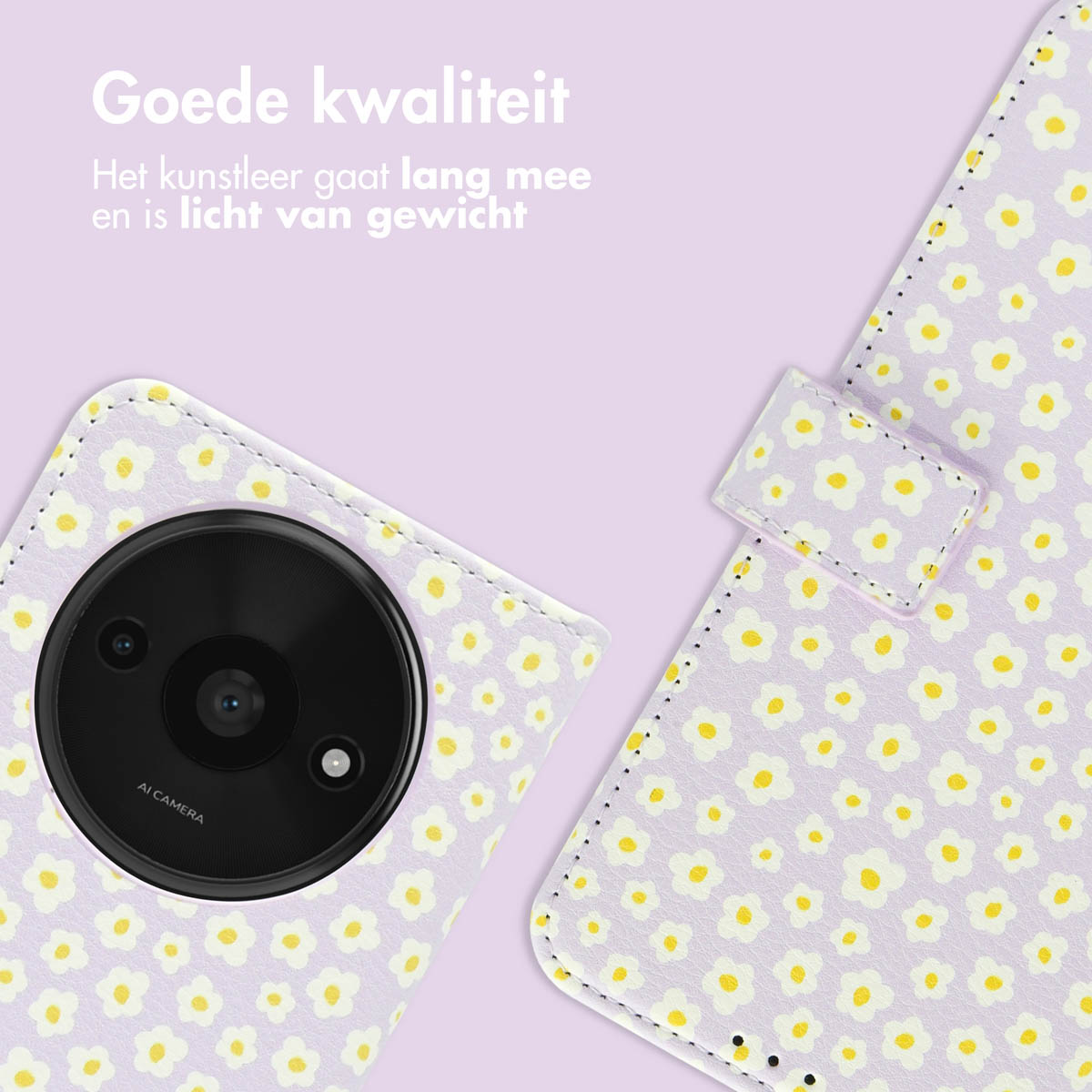 Een telefoonhoesje met bloemenpatroon. De hoes is lichtpaars met witte bloemen en gele centra. Een grote zwarte camera is zichtbaar.