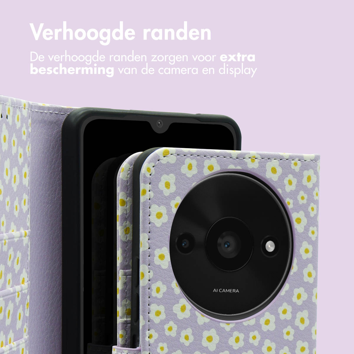 Een smartphone in een bloemenhoesje wordt getoond. De hoes is open en onthult het scherm en de camera met de tekst AI CAMERA.