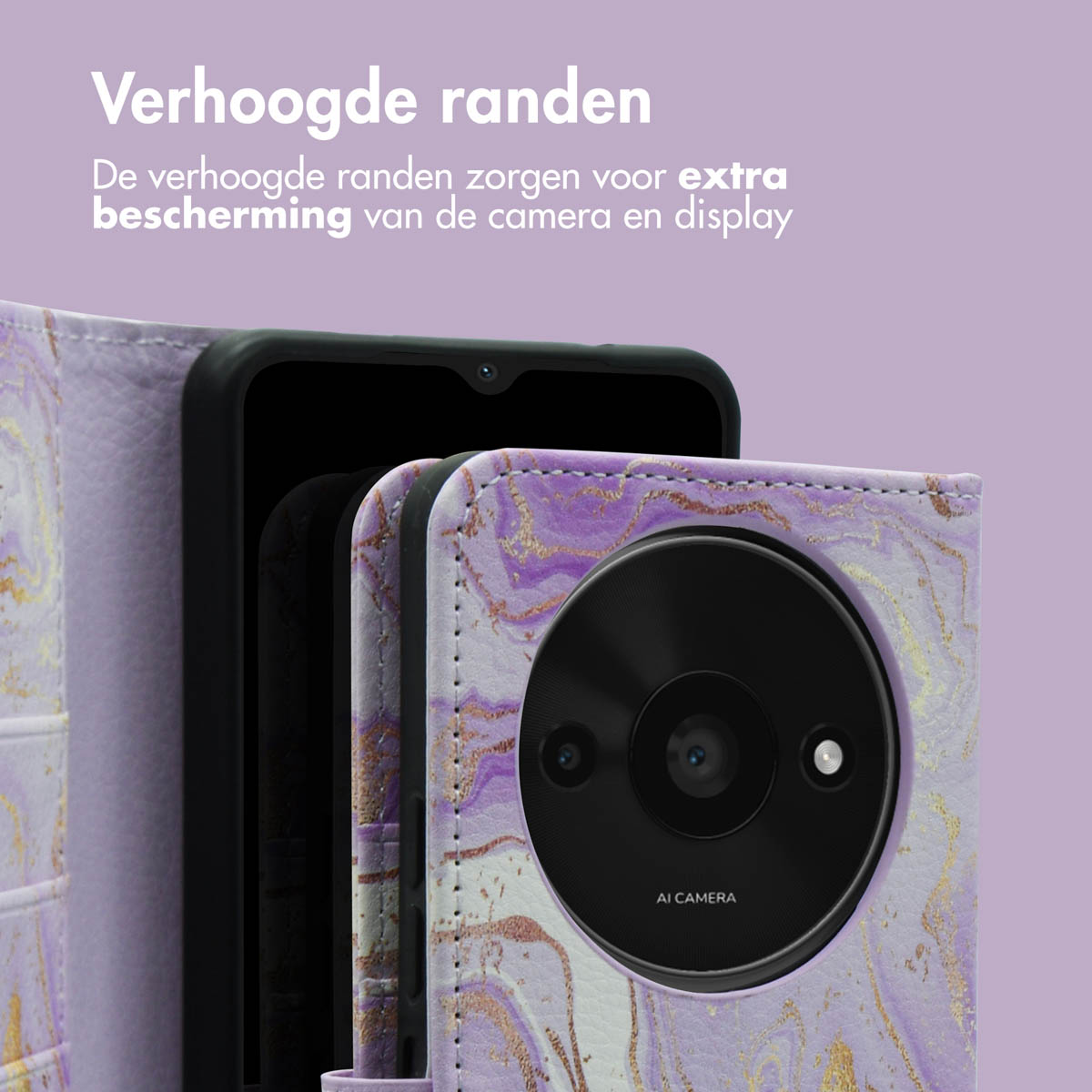 Een telefoon in een paarse marmerpatroon portemonneehoes. De hoes is open. Tekst: Verhoogde randen.