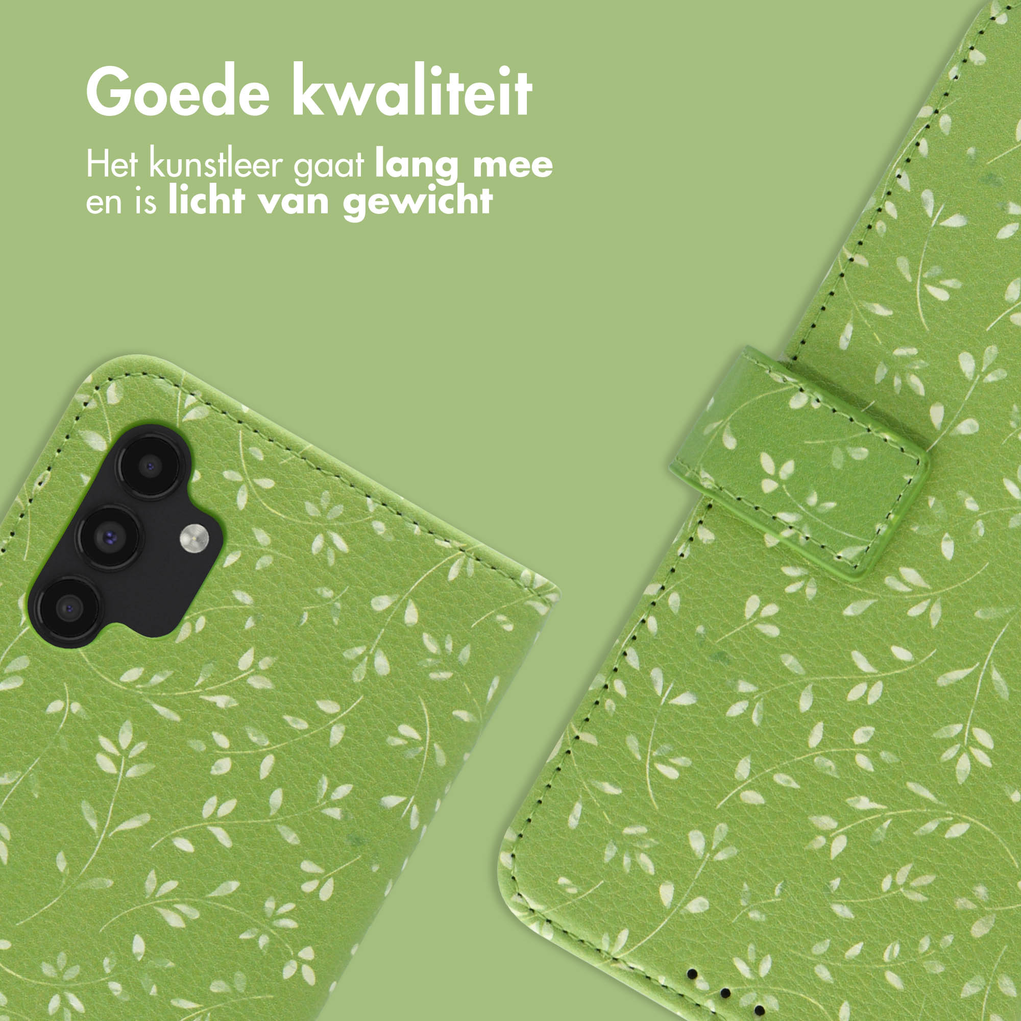 Étui vert avec des formes blanches. Le dos du téléphone est visible.