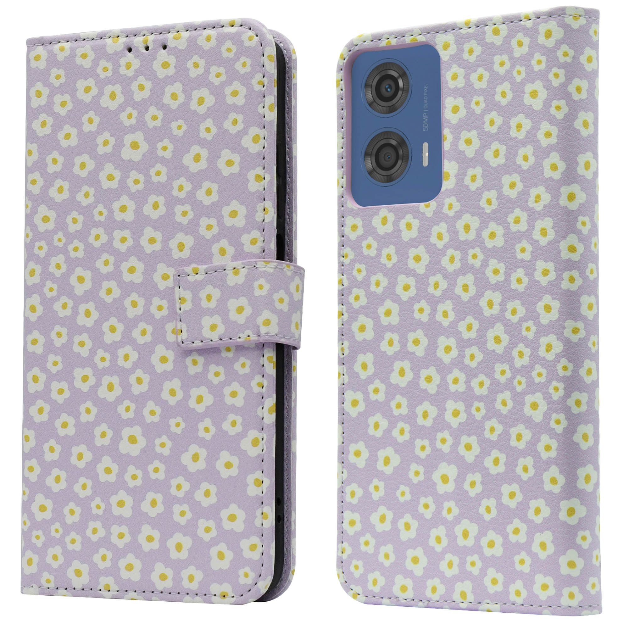 Paarse telefoonhoes met madeliefpatroon, open. Telefoon met zichtbare camera's. Witte achtergrond.