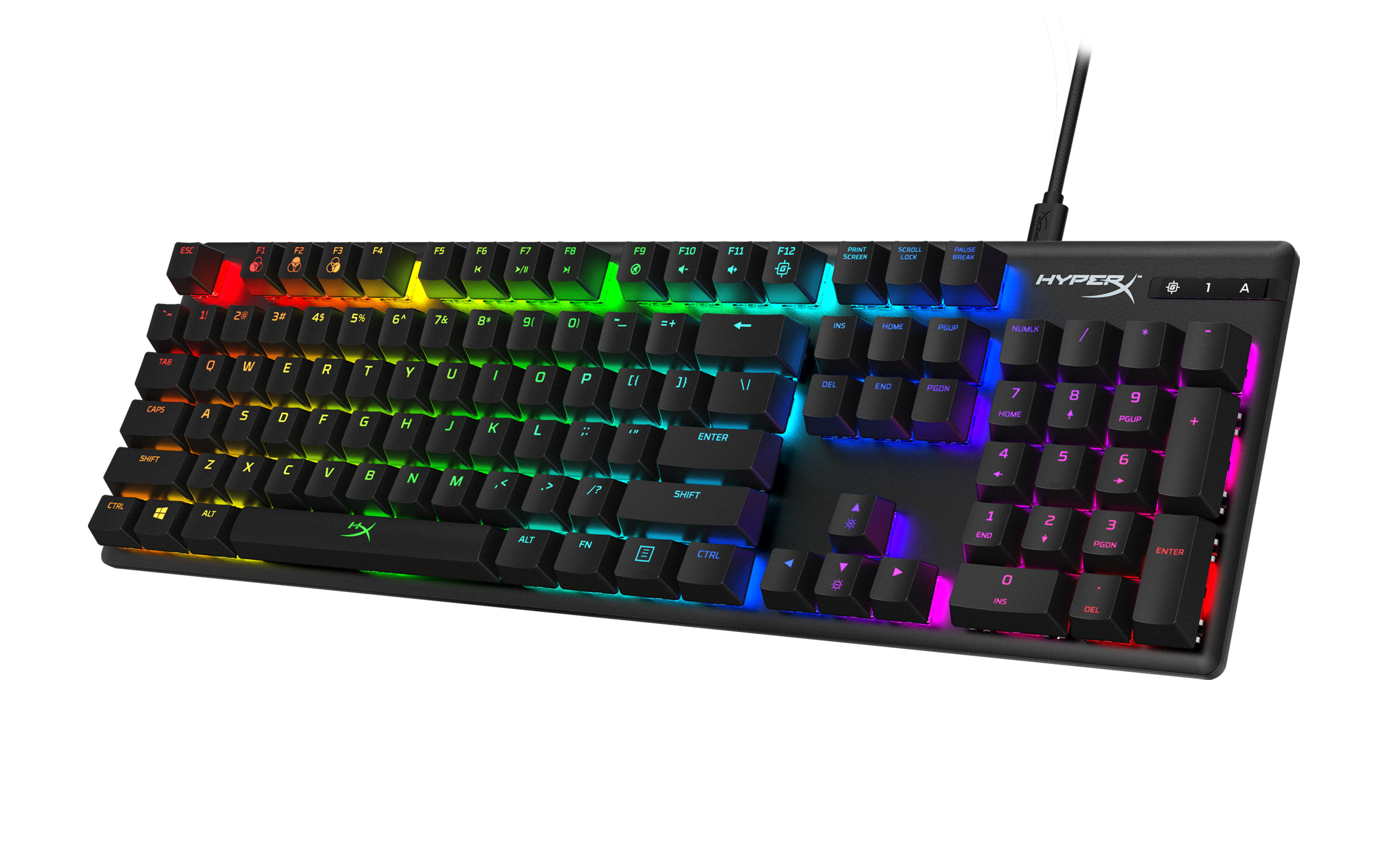 Tastiera nera con tasti dai colori arcobaleno. La tastiera è su sfondo bianco e ha un filo.