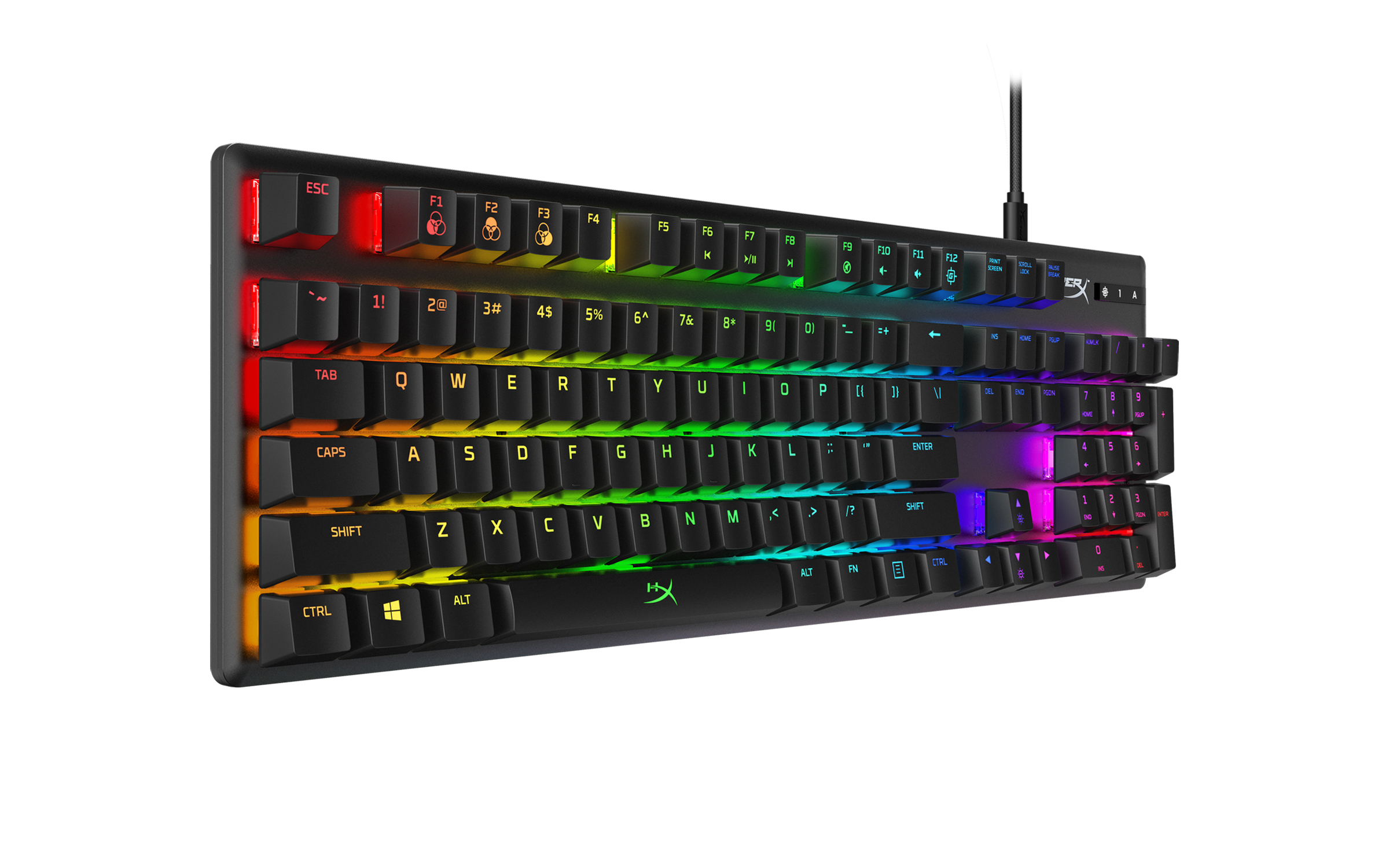 Tastiera da gioco nera con tasti retroilluminati colorati, un cavo e il logo HYPERX.