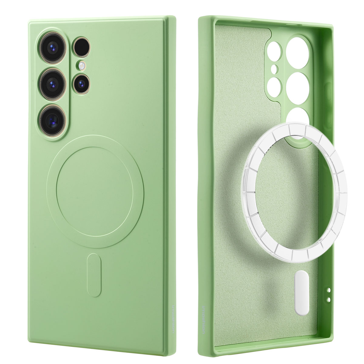 Groene telefoonhoes met een MagSafe-ring aan één kant, de binnenkant toont een witte ring.