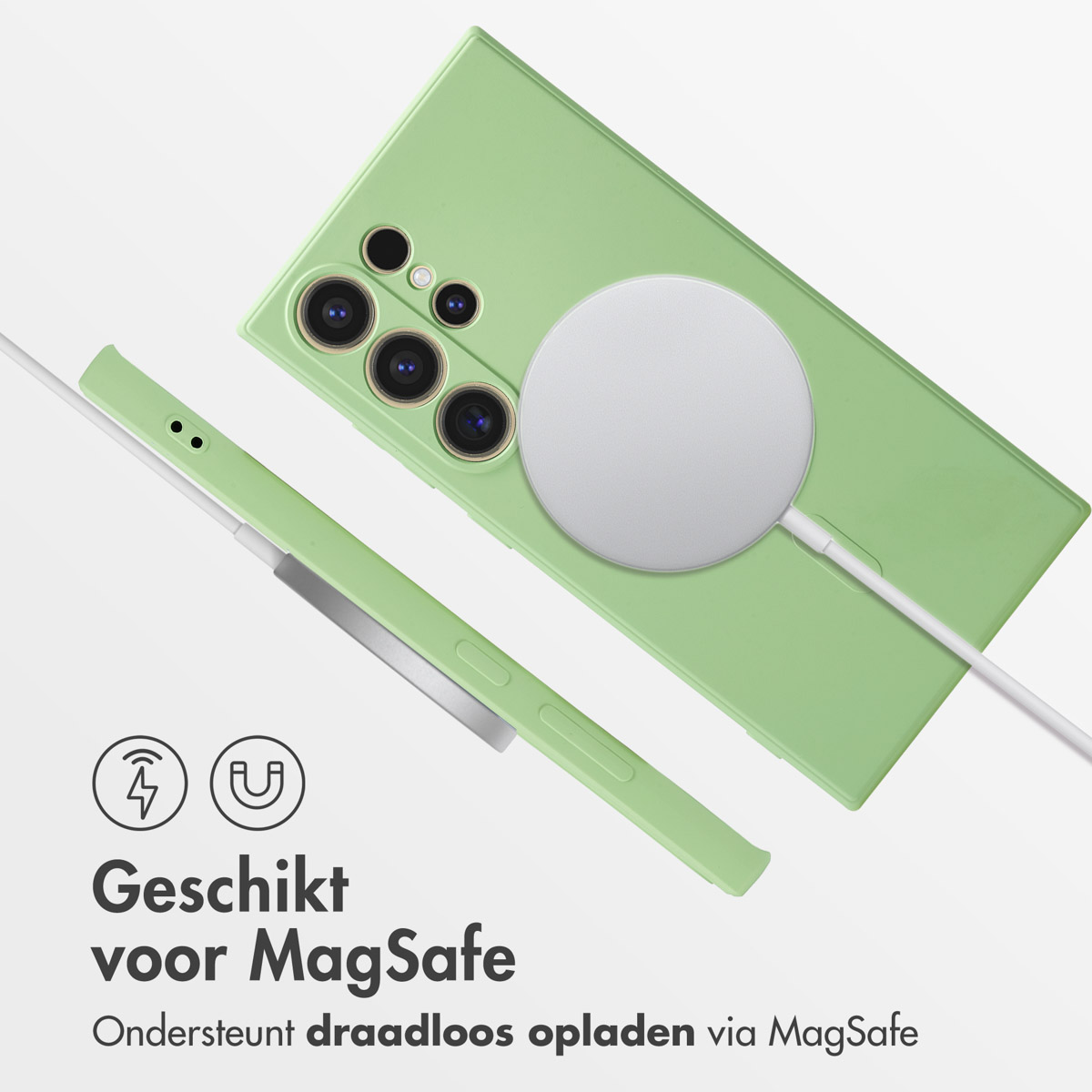 Groene telefoonhoes met MagSafe lader en cameralenzen.
