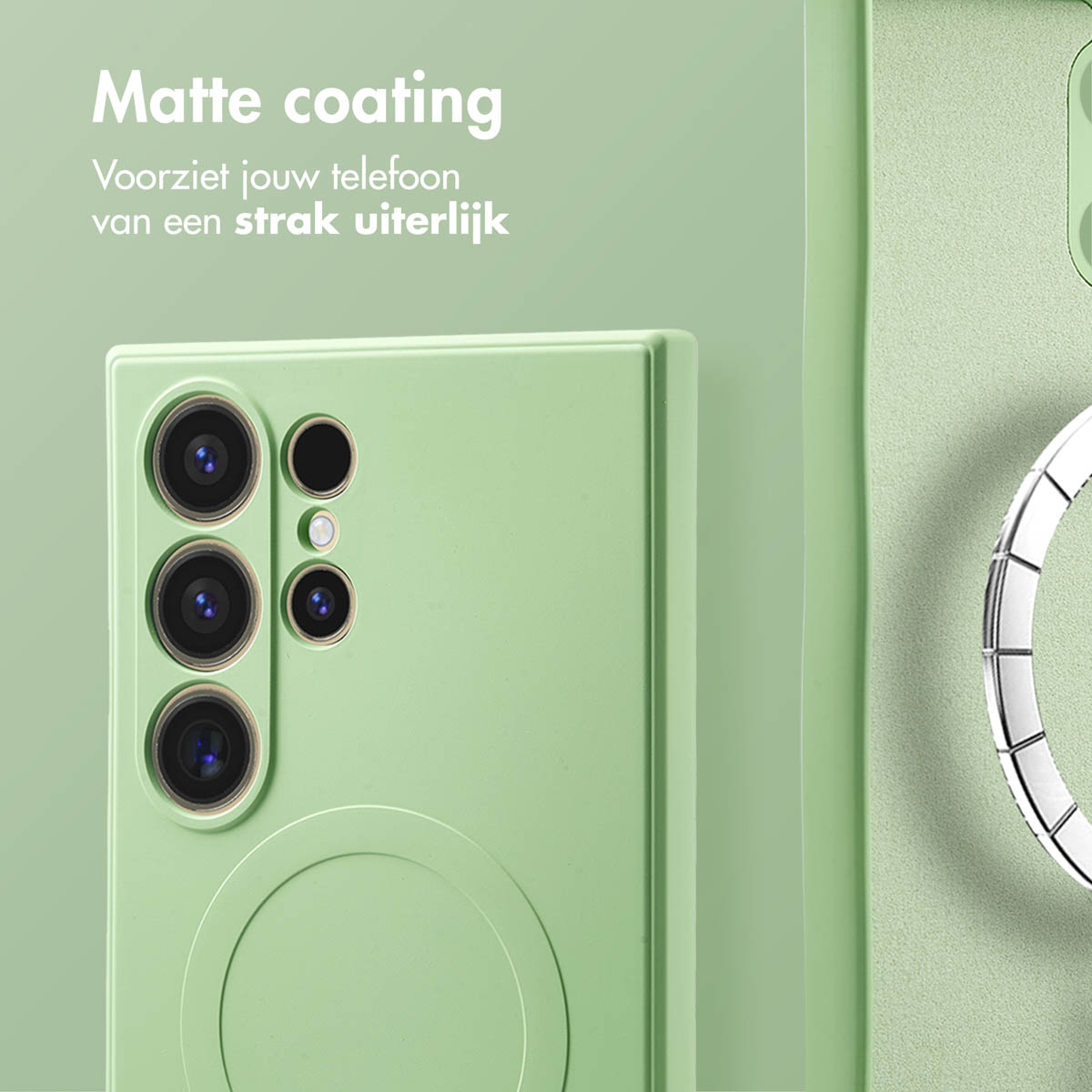 Groene telefoonhoes met camera-array en ringgreep, lichte achtergrond.