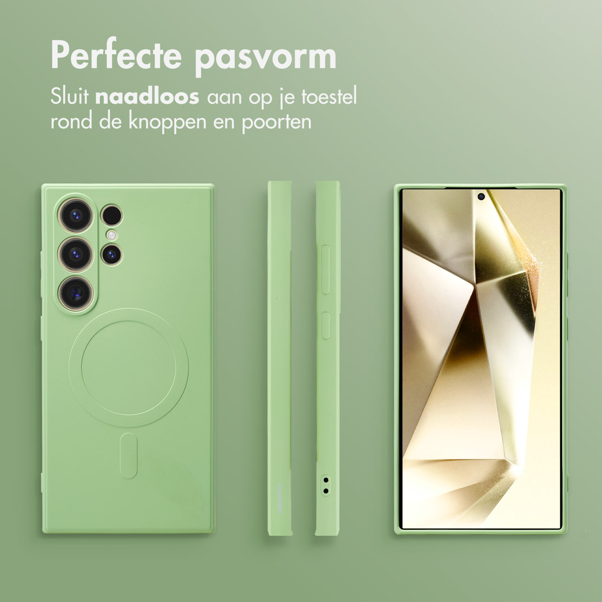 Groene telefoonhoes met een telefoon, met de achter- en zijaanzichten.