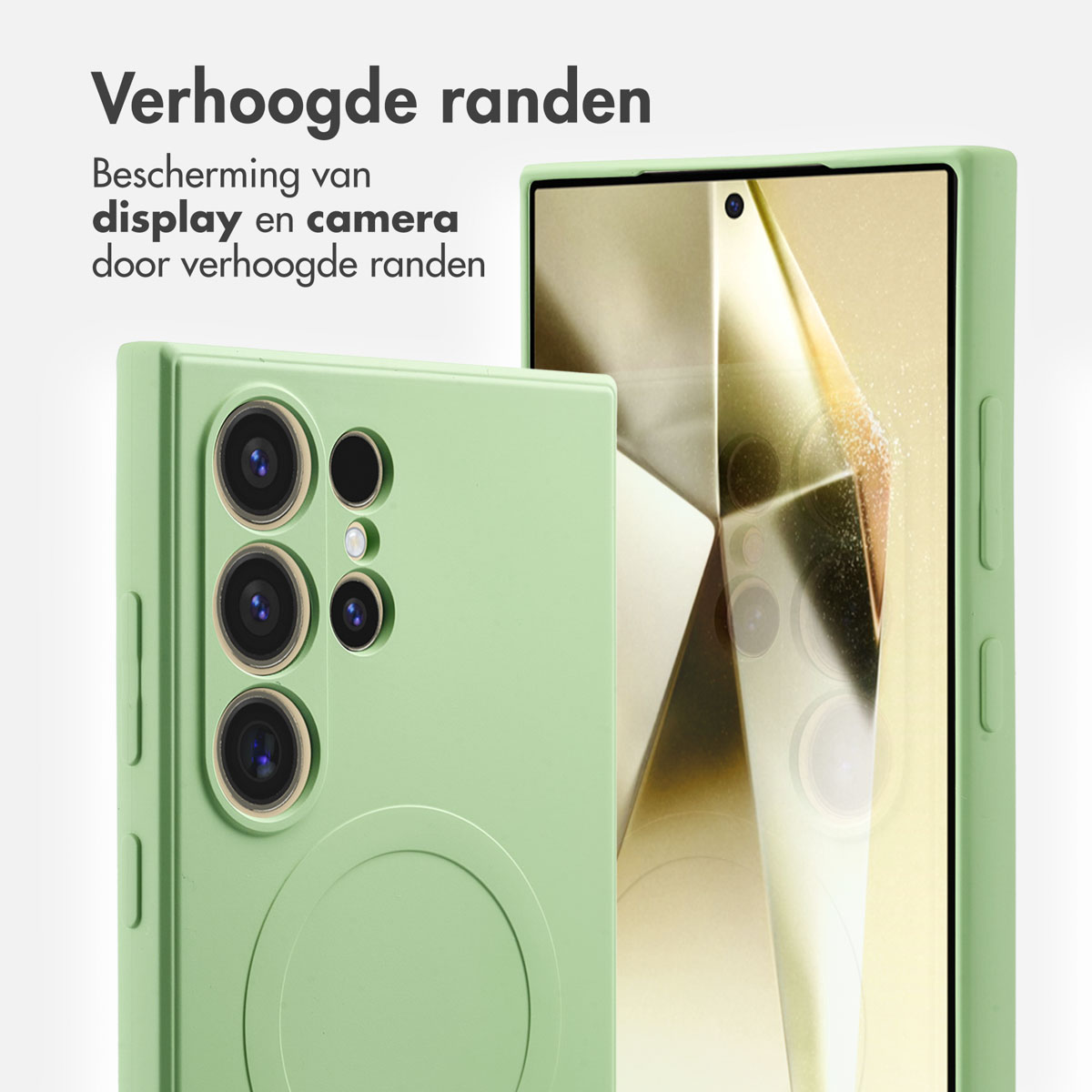 Twee groene telefoonhoesjes, één met cameralenzen en de andere met een scherm, worden getoond. Tekst zegt 'Verhoogde randen'.