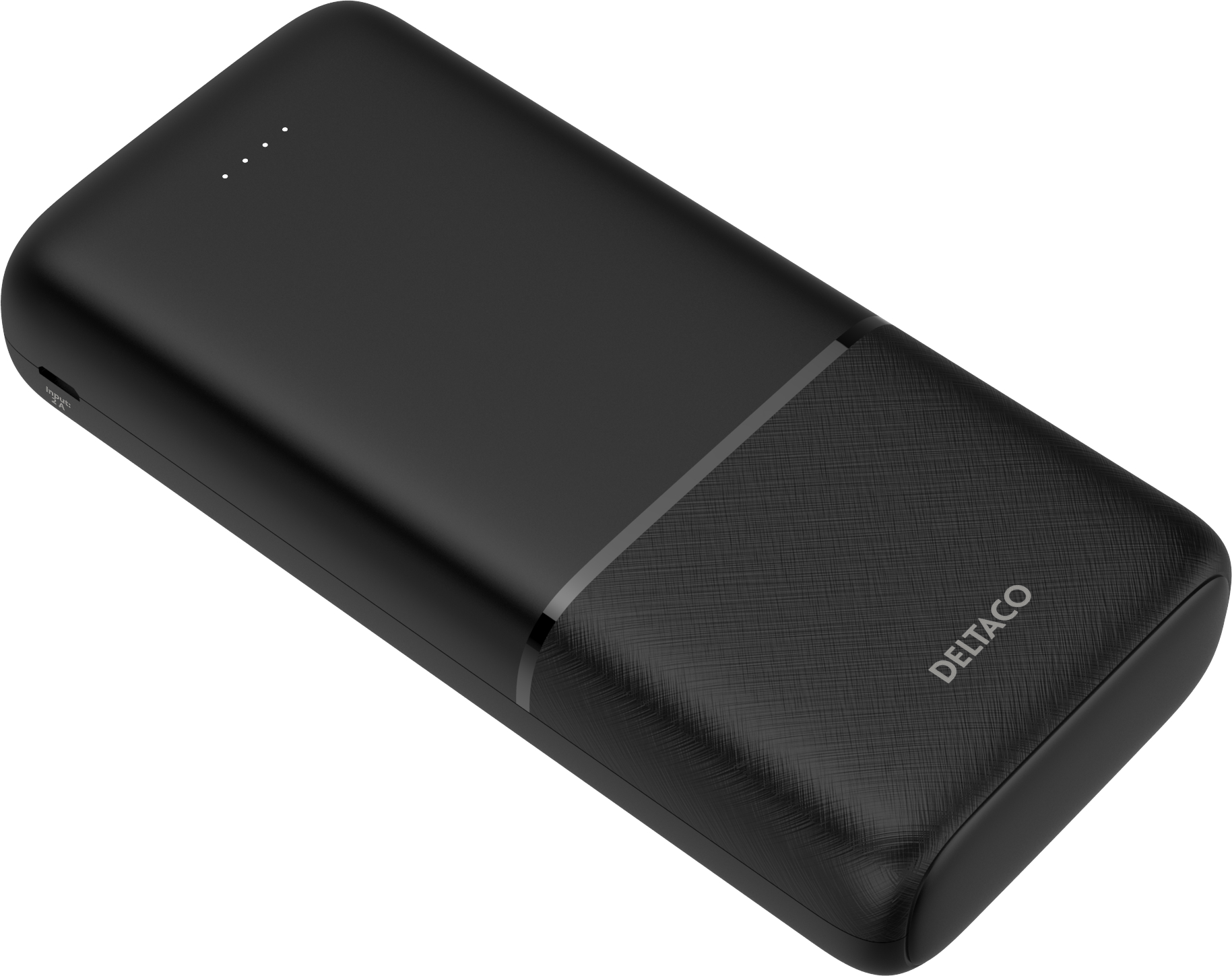 Power bank nera con sezione testurizzata e luci bianche. Il marchio è visibile.