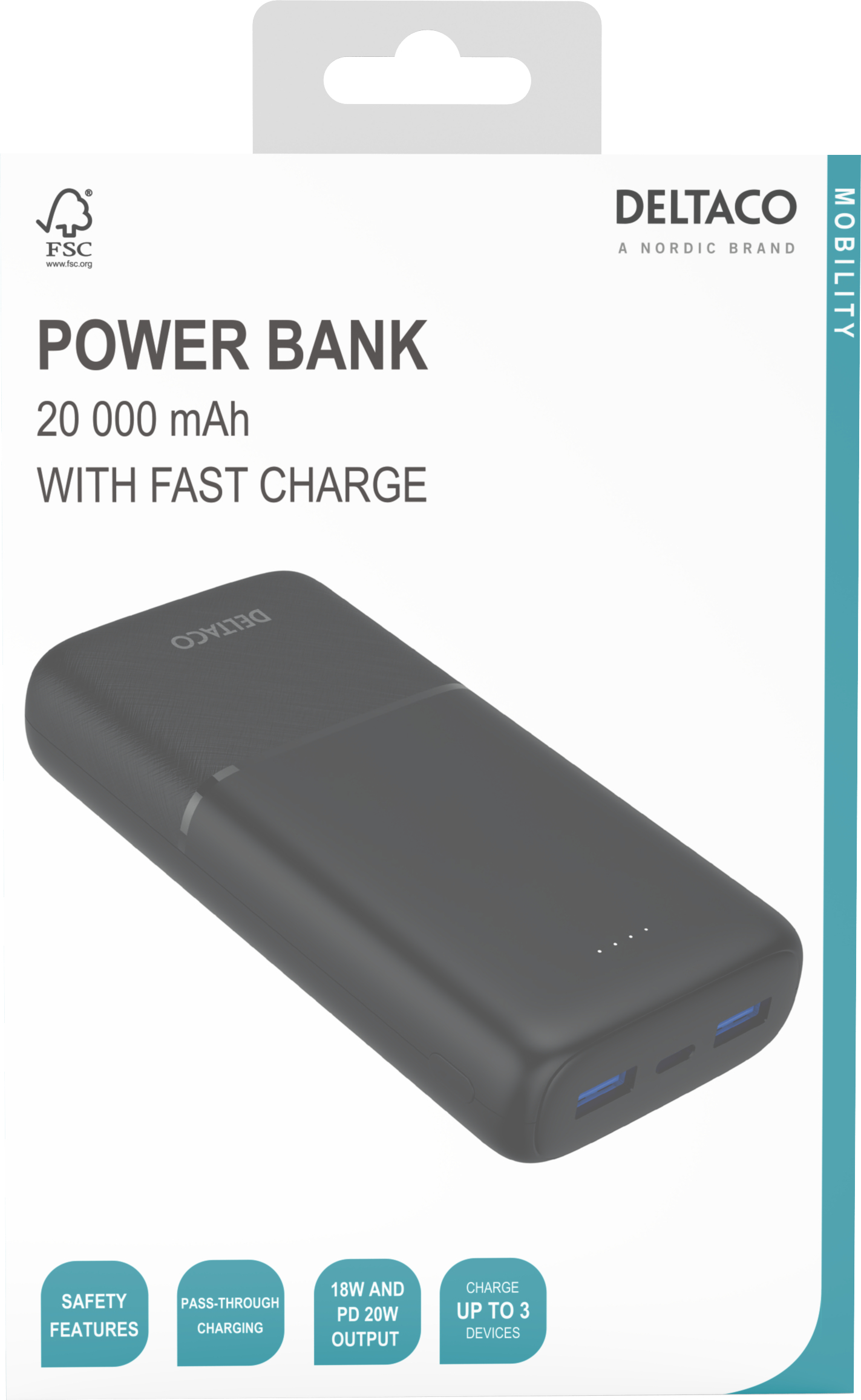 Power bank nero in una scatola. Testo: Power bank, 20 000 mAh, Con ricarica rapida, Funzioni di sicurezza e altre funzioni.