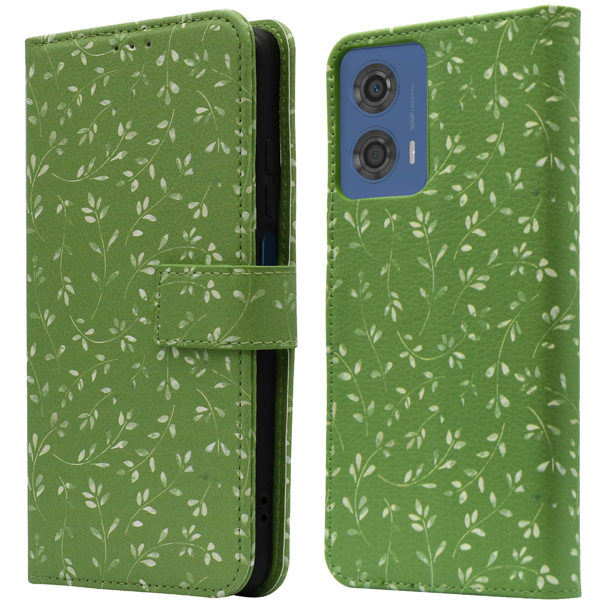 Een telefoonhoes open en dicht, met een groen bladerpatroon. De camera is zichtbaar.