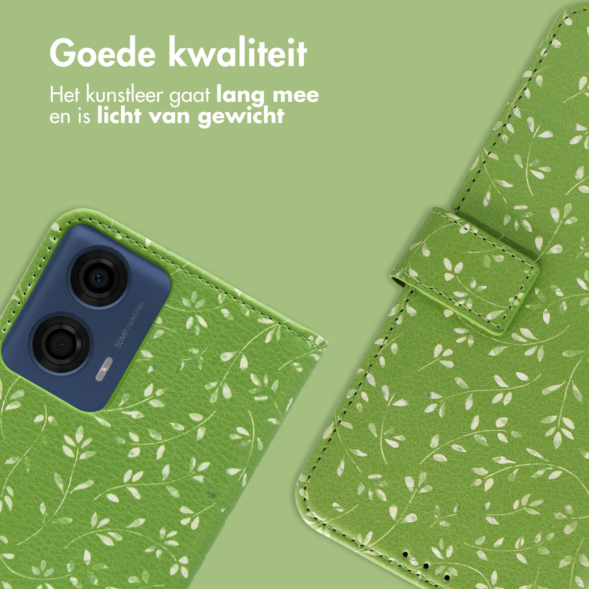 Groene telefoonhoes met bladerenpatroon en twee camera's. Tekst in Nederlands.