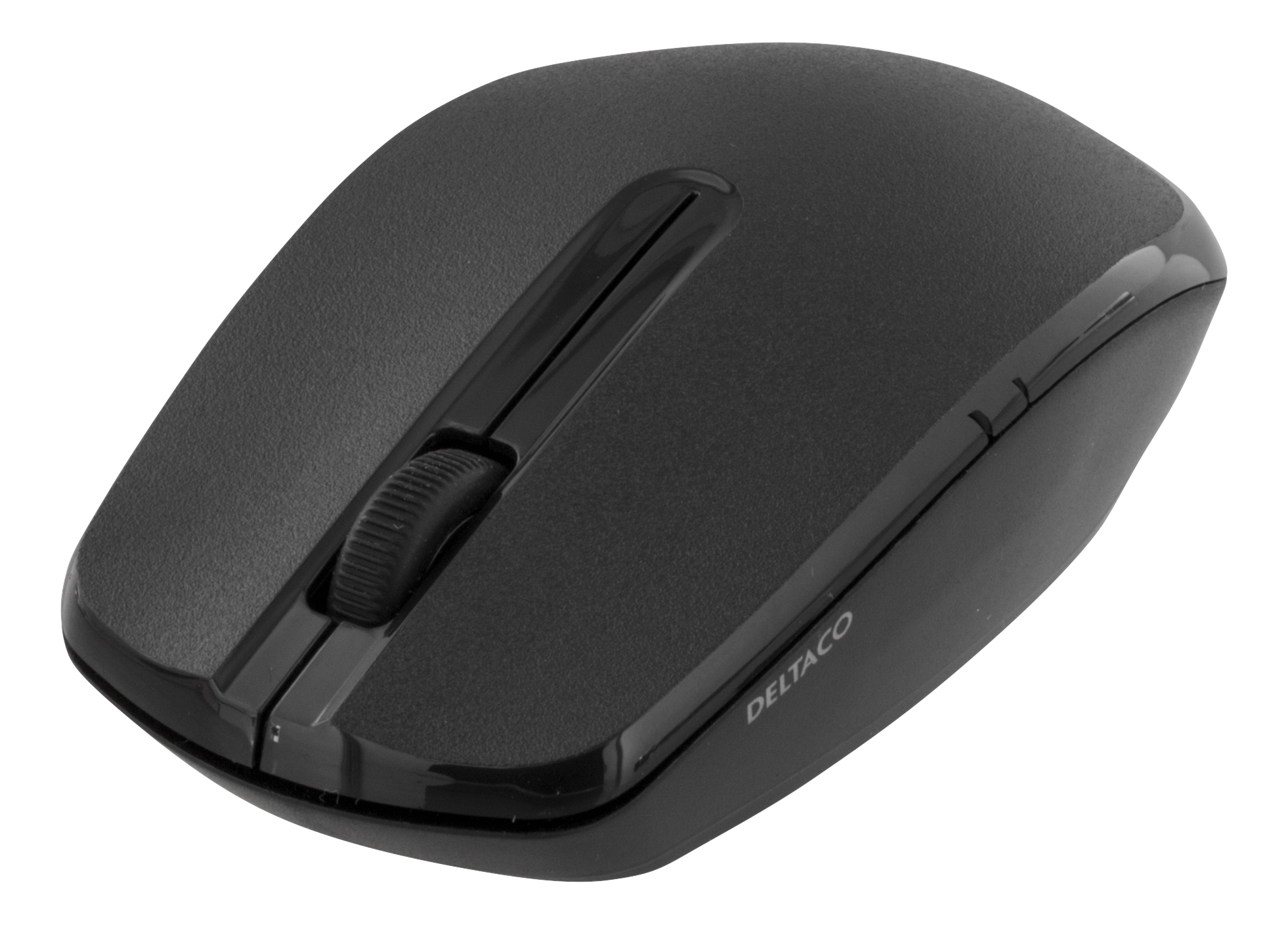 Mouse wireless nero con rotella di scorrimento. Testo: 'Mouse wireless nero.'