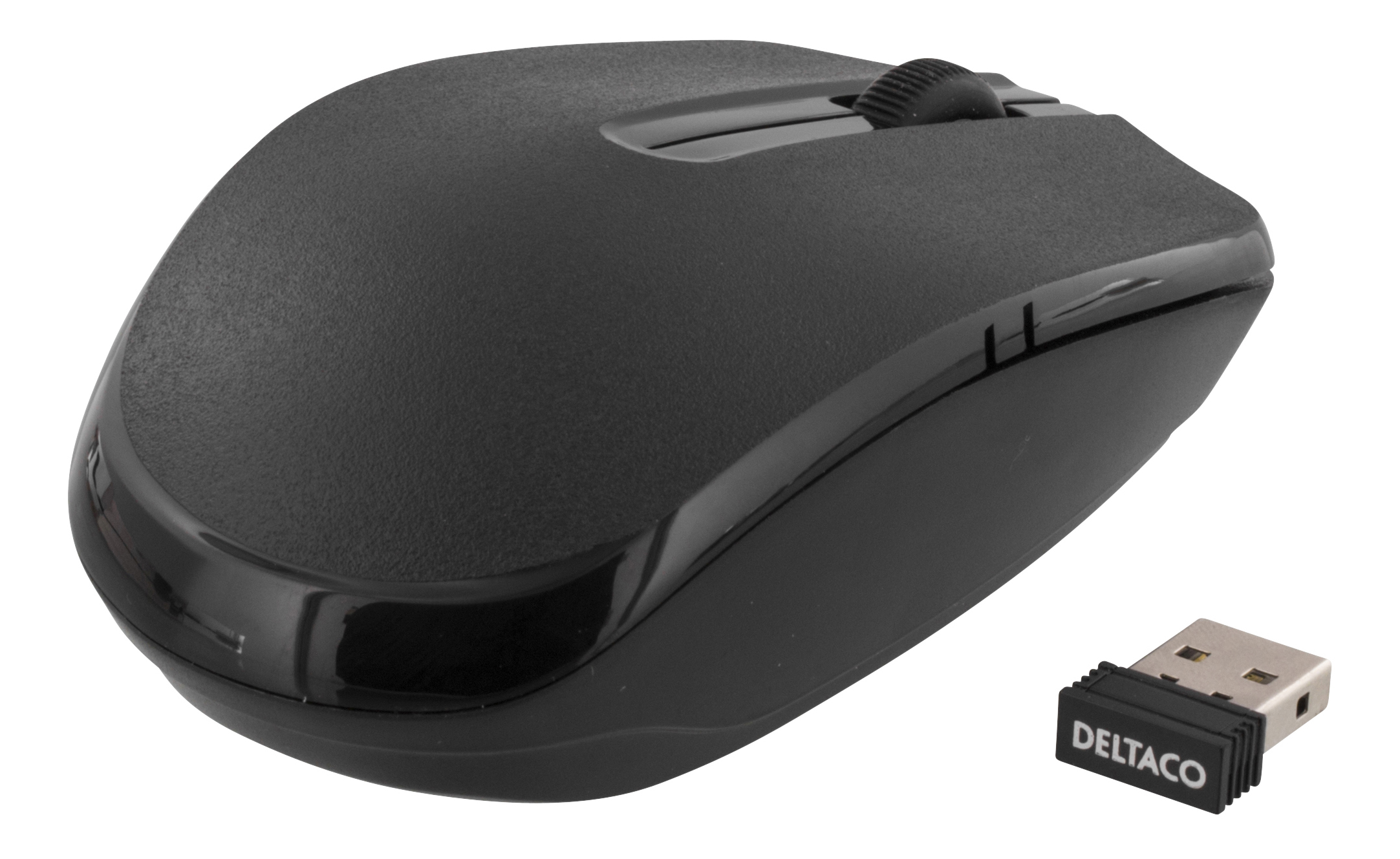 Mouse nero con rotella e ricevitore USB.
